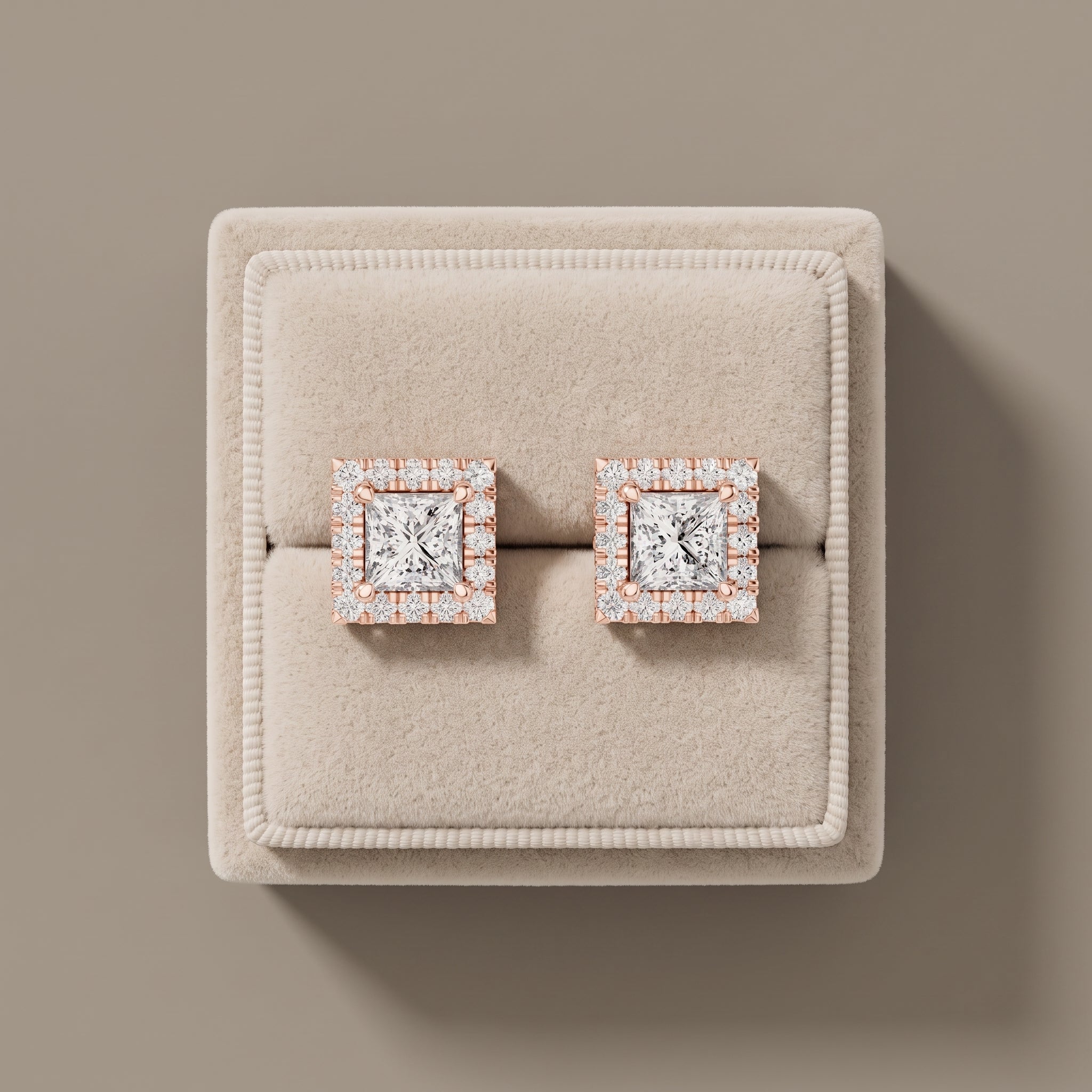 Rose Gold Princess Cut Moissanite Stud Earrings with Halo