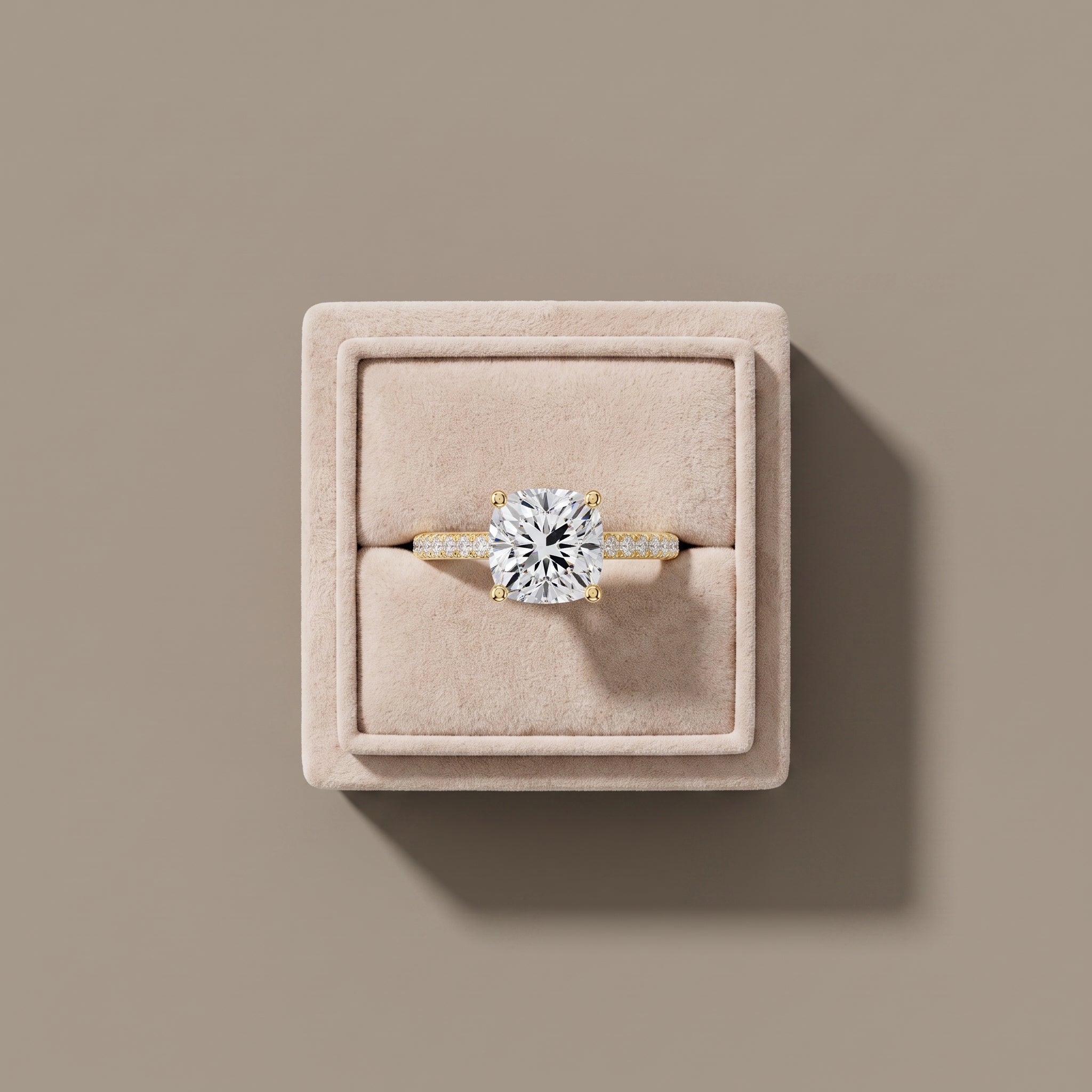 Yellow Gold Cushion Cut Moissanite Engagement Ring with Pavé Band
