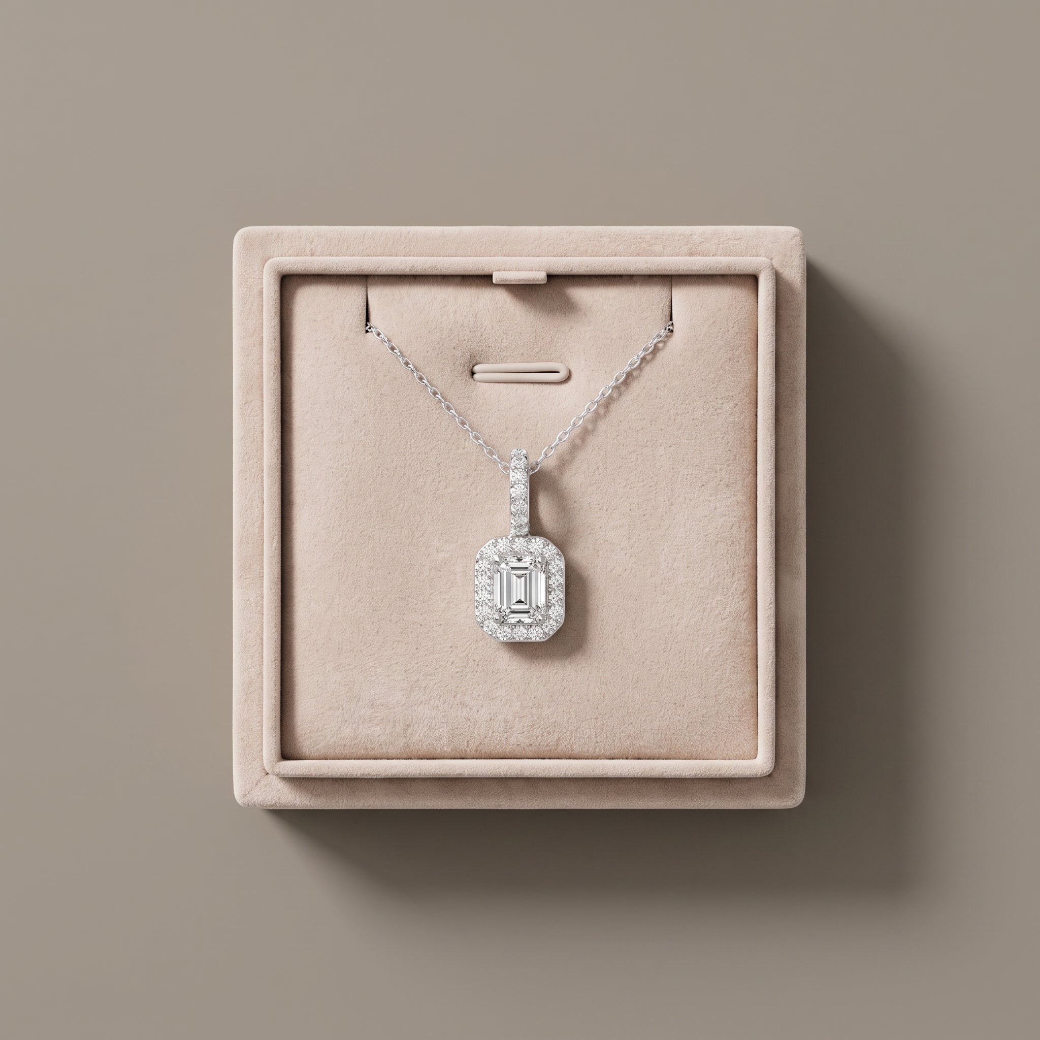White Gold Emerald Cut Moissanite Halo Pendant Necklace
