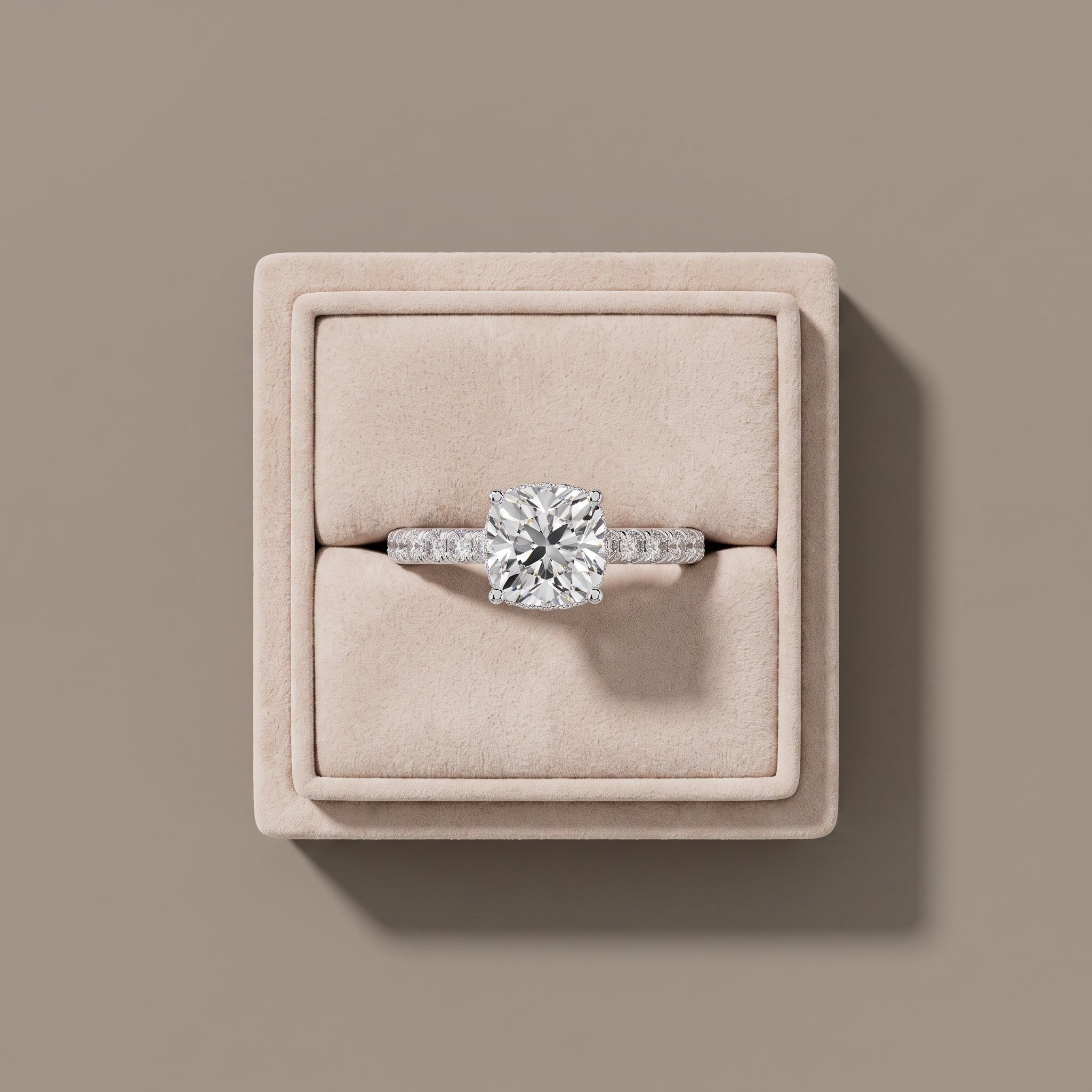 White Metal Cushion Cut Moissanite Engagement Ring with Pavé Band