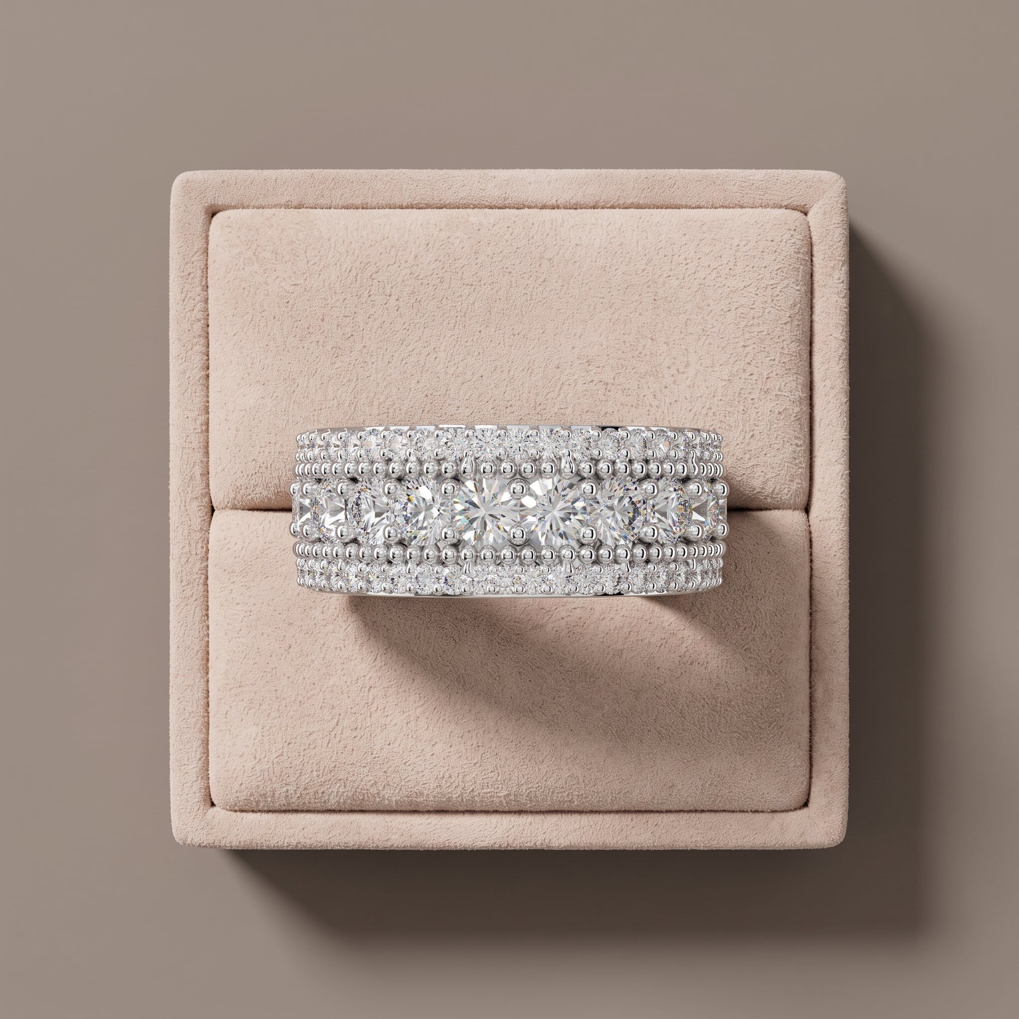 White Metal Round Moissanite Wide Band Ring