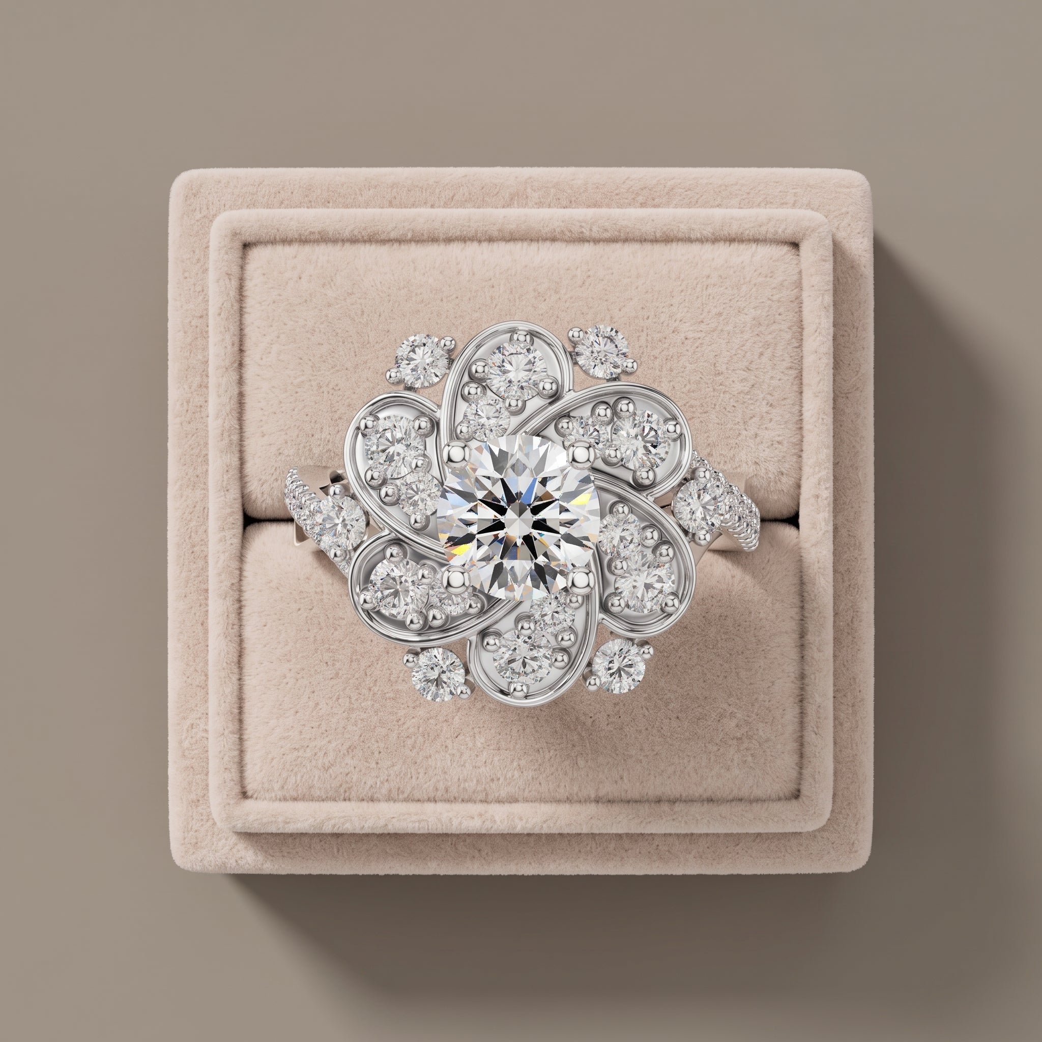 White Gold Round Moissanite Floral Halo Engagement Ring