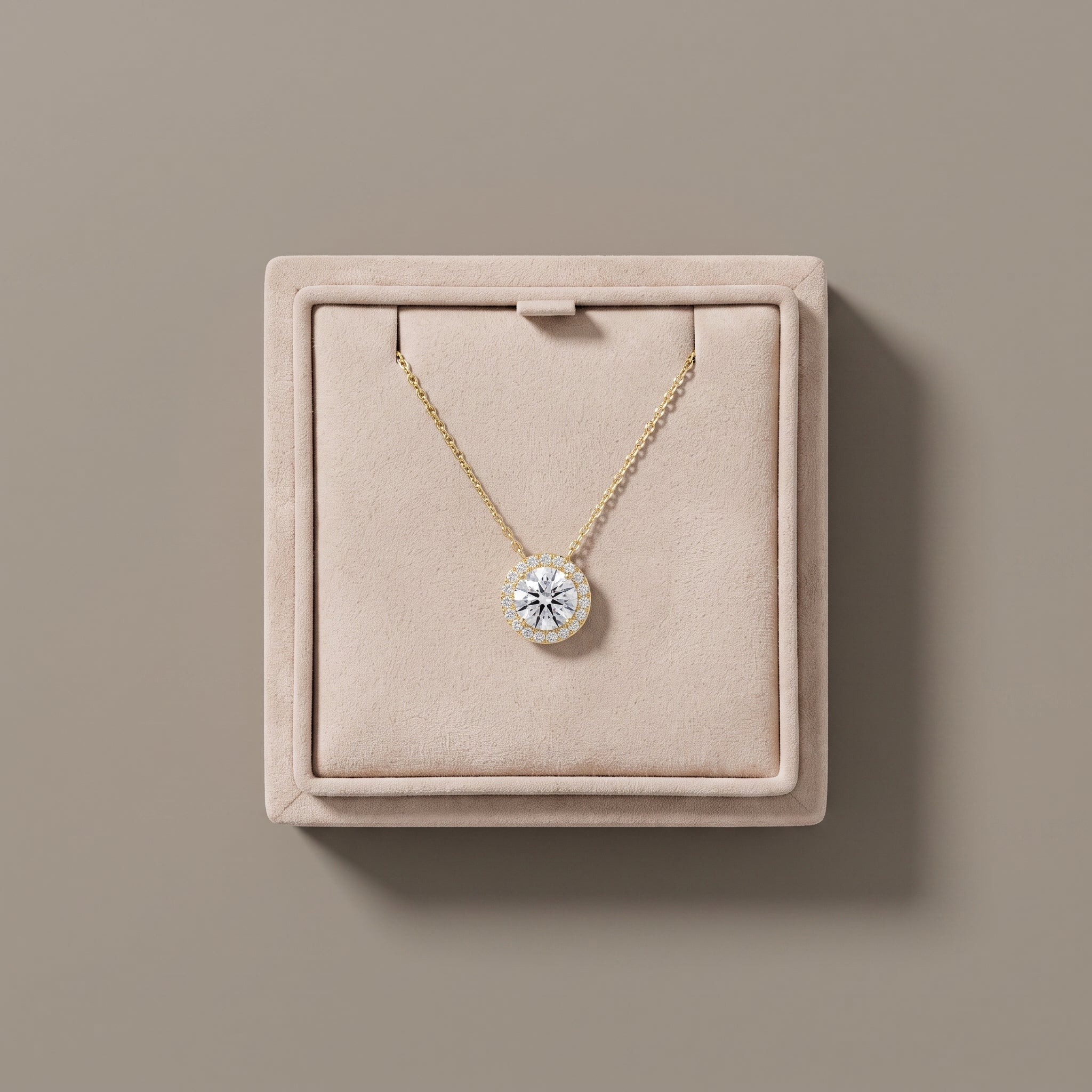 Yellow Gold Round Moissanite Halo Pendant Necklace