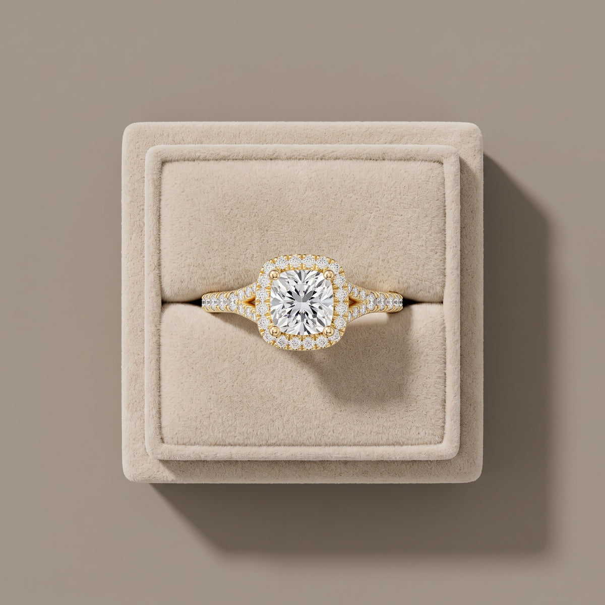 Yellow Gold Cushion Cut Moissanite Halo Engagement Ring