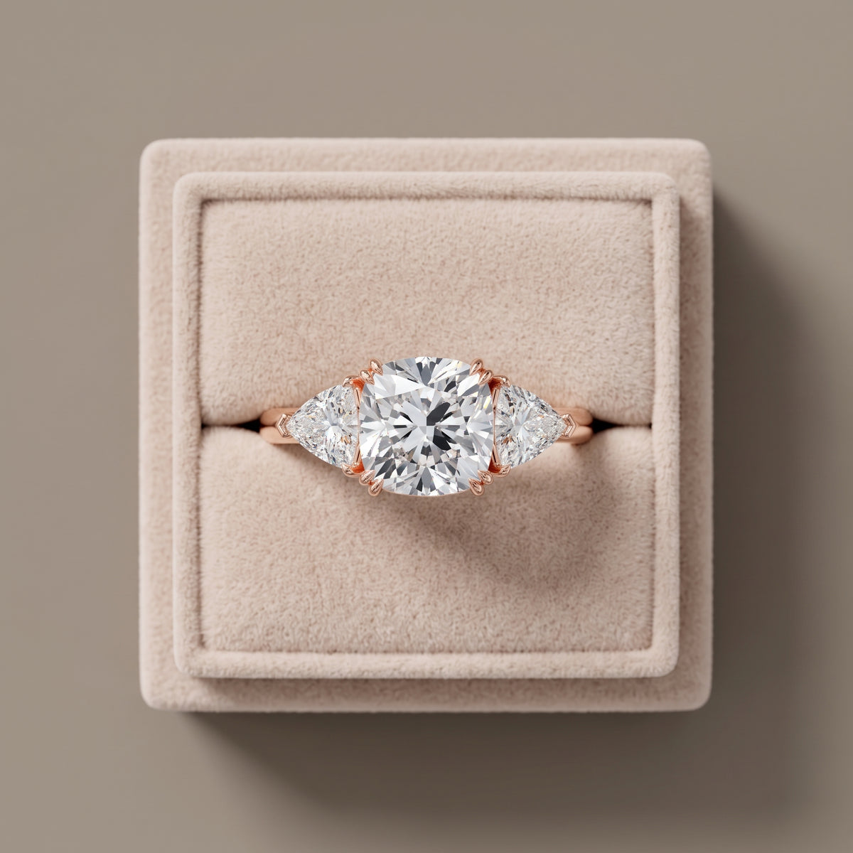Rose Gold Cushion Cut Moissanite Three Stone Engagement Ring