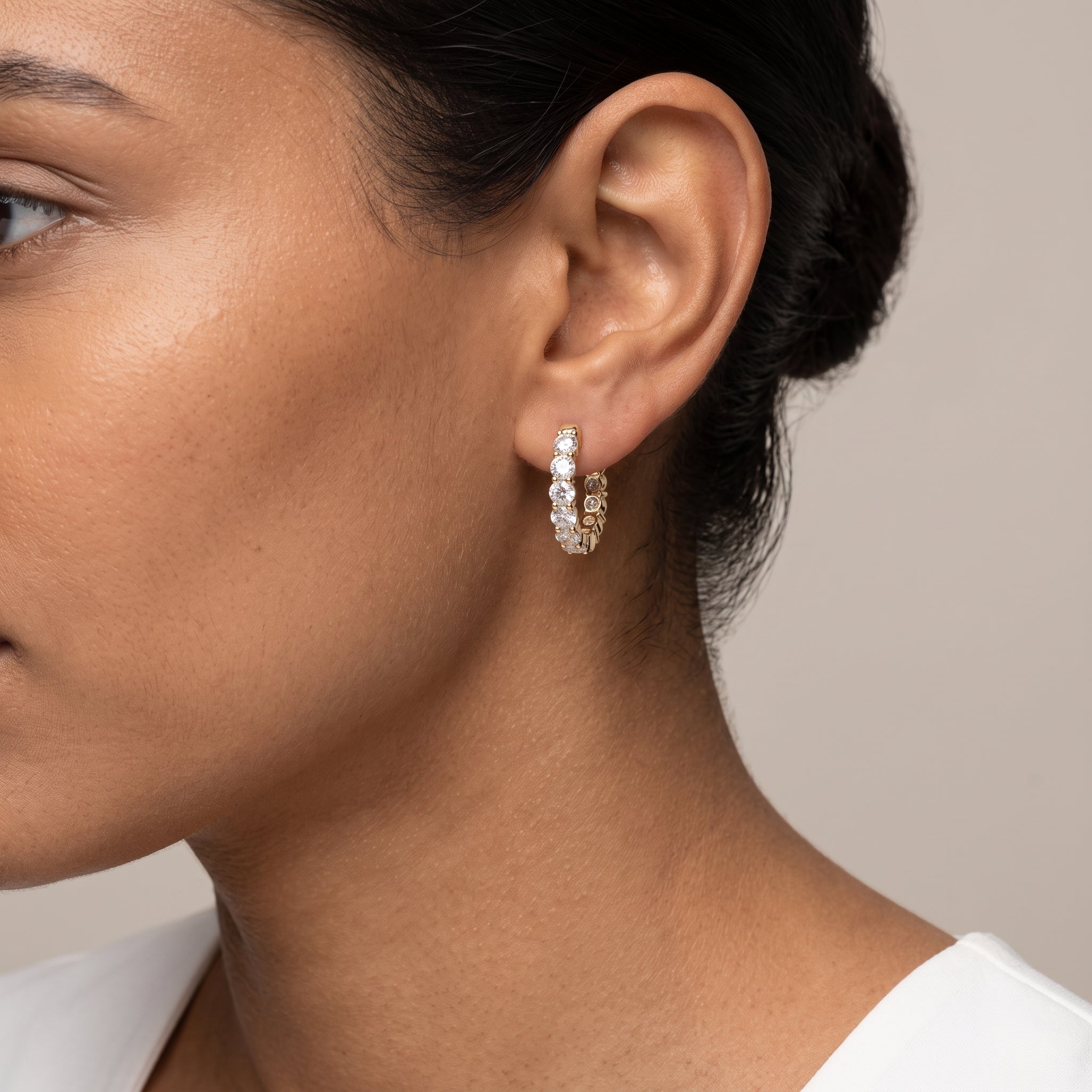 Yellow Gold Round Moissanite Hoop Earrings