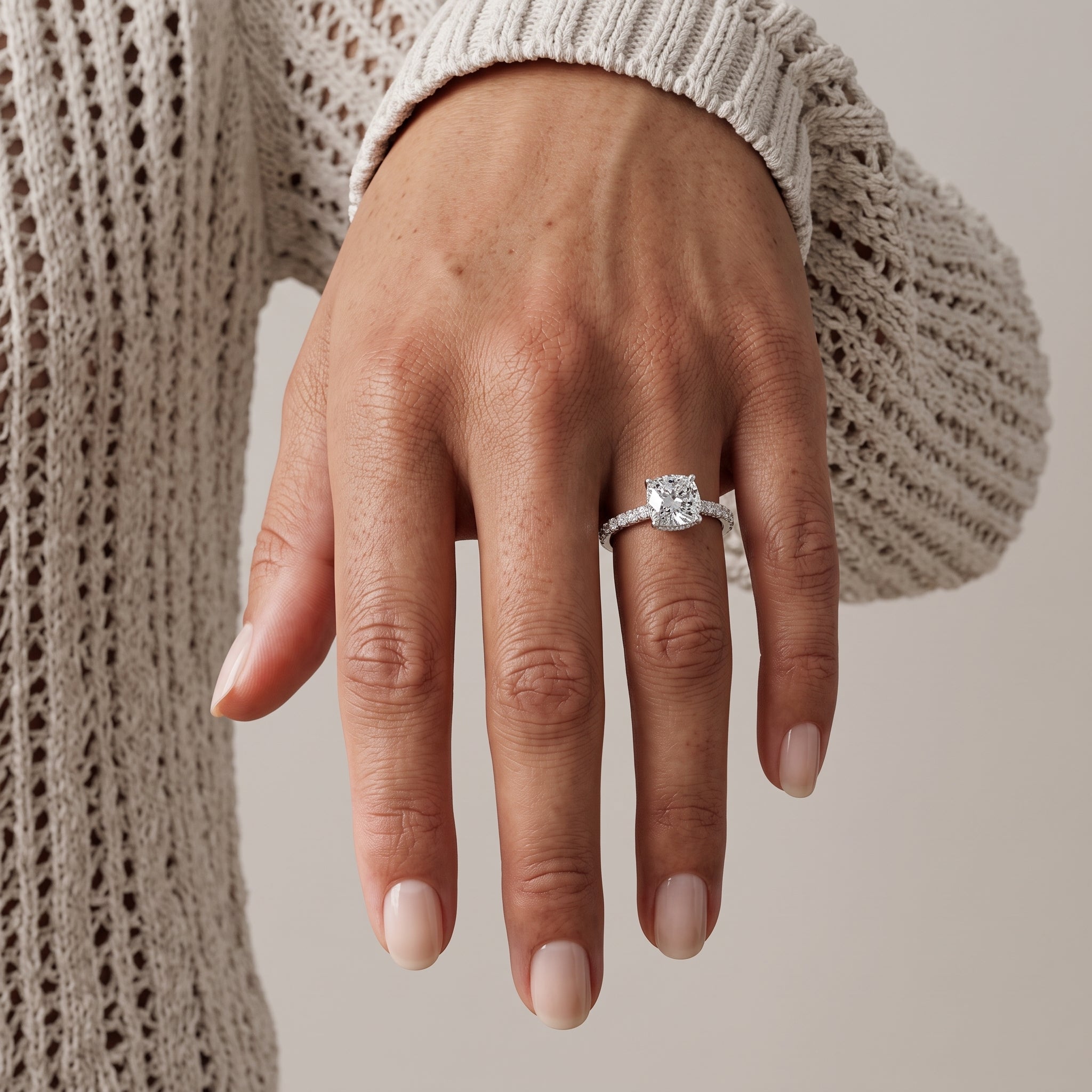 White Metal Cushion Cut Moissanite Engagement Ring with Pavé Band