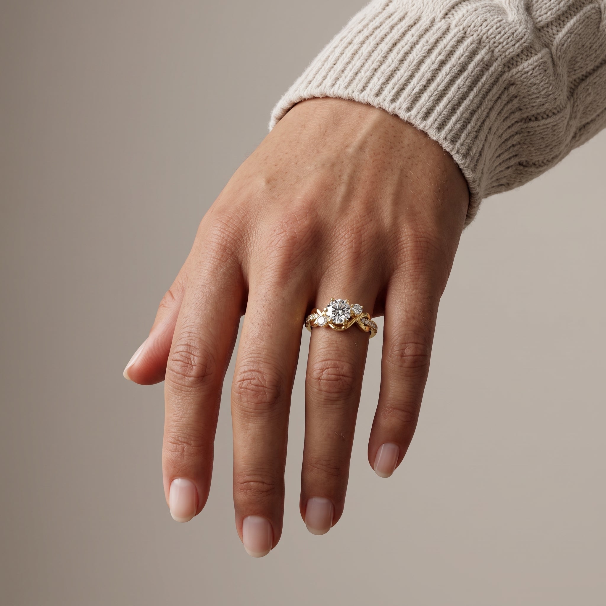 Yellow Gold Round Moissanite Twisted Three-Stone Engagement Ring