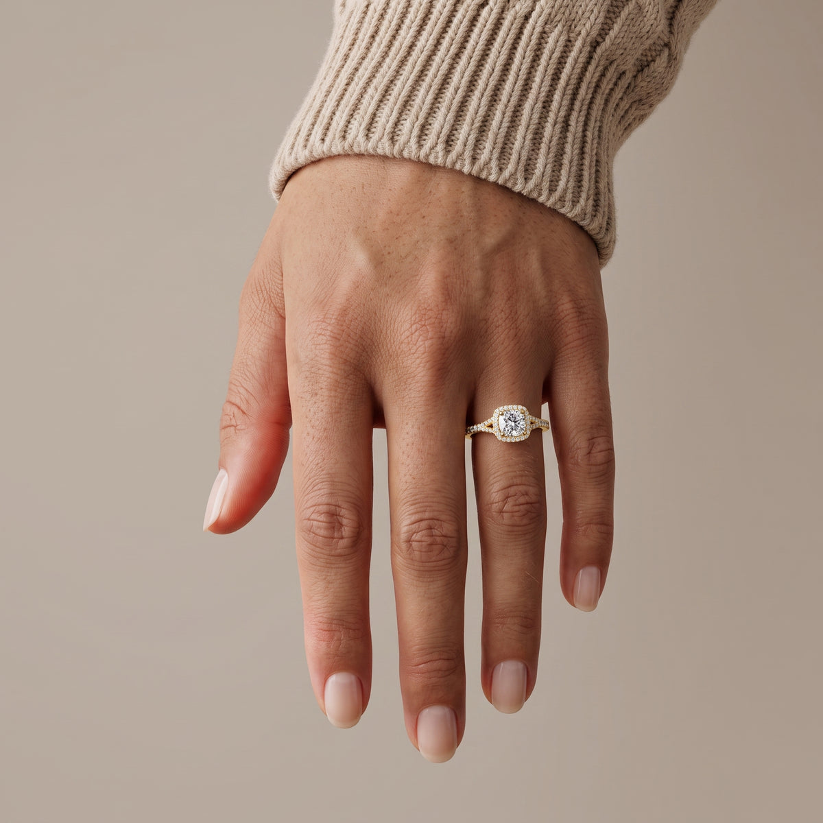 Yellow Gold Cushion Cut Moissanite Halo Engagement Ring