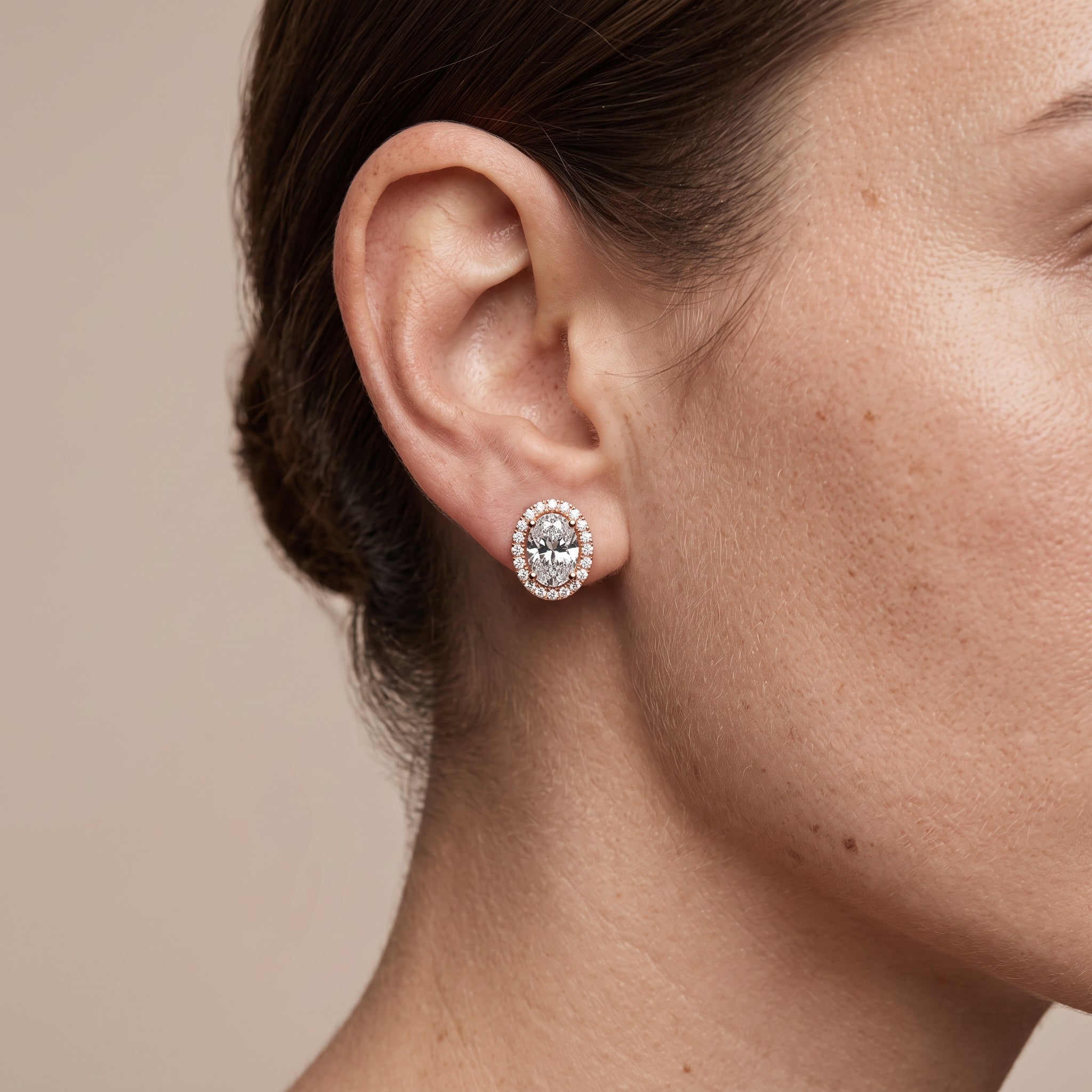 Rose Gold Oval Moissanite Halo Stud Earrings