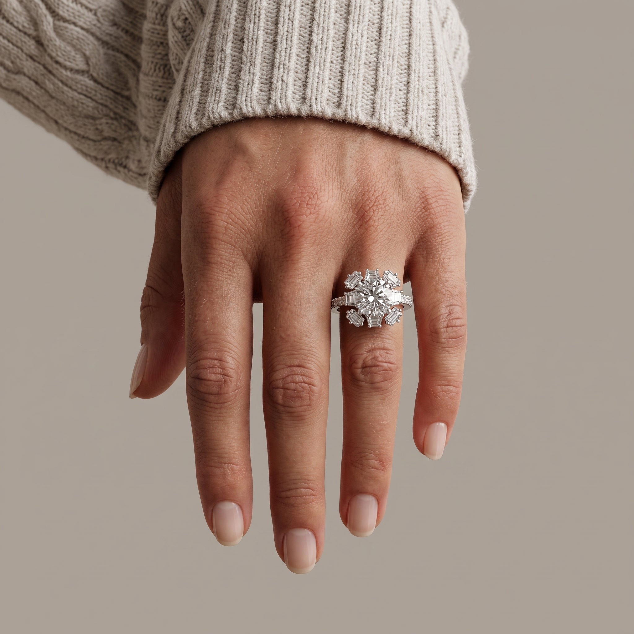 White Gold Round Moissanite Floral Halo Engagement Ring