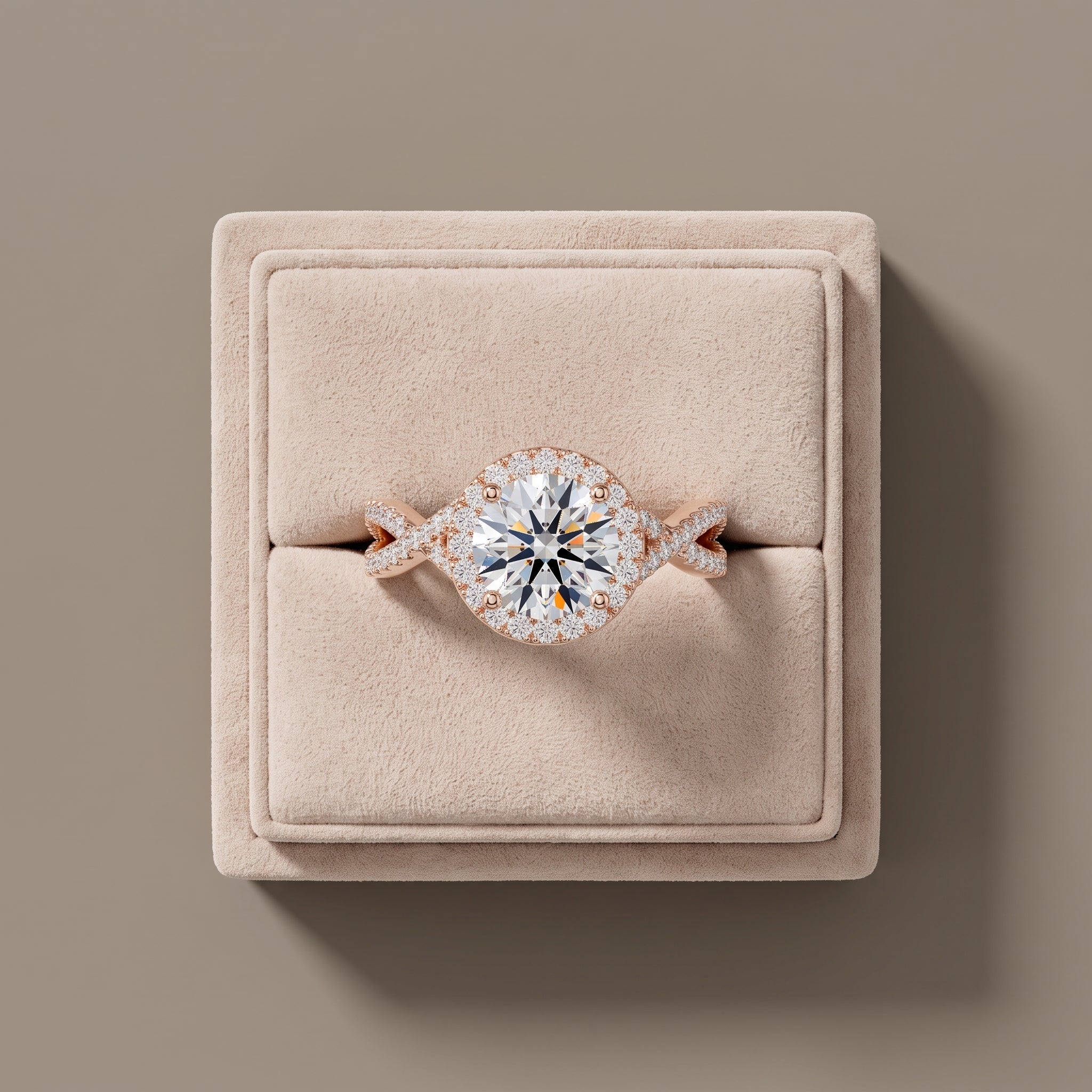 Rose Gold Round Moissanite Halo Engagement Ring with Twisted Band
