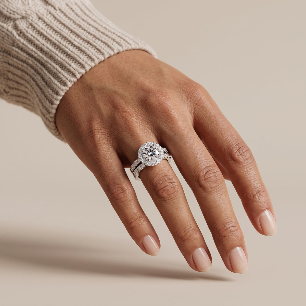 White Gold Round Moissanite Engagement Ring with Halo Bridal Set