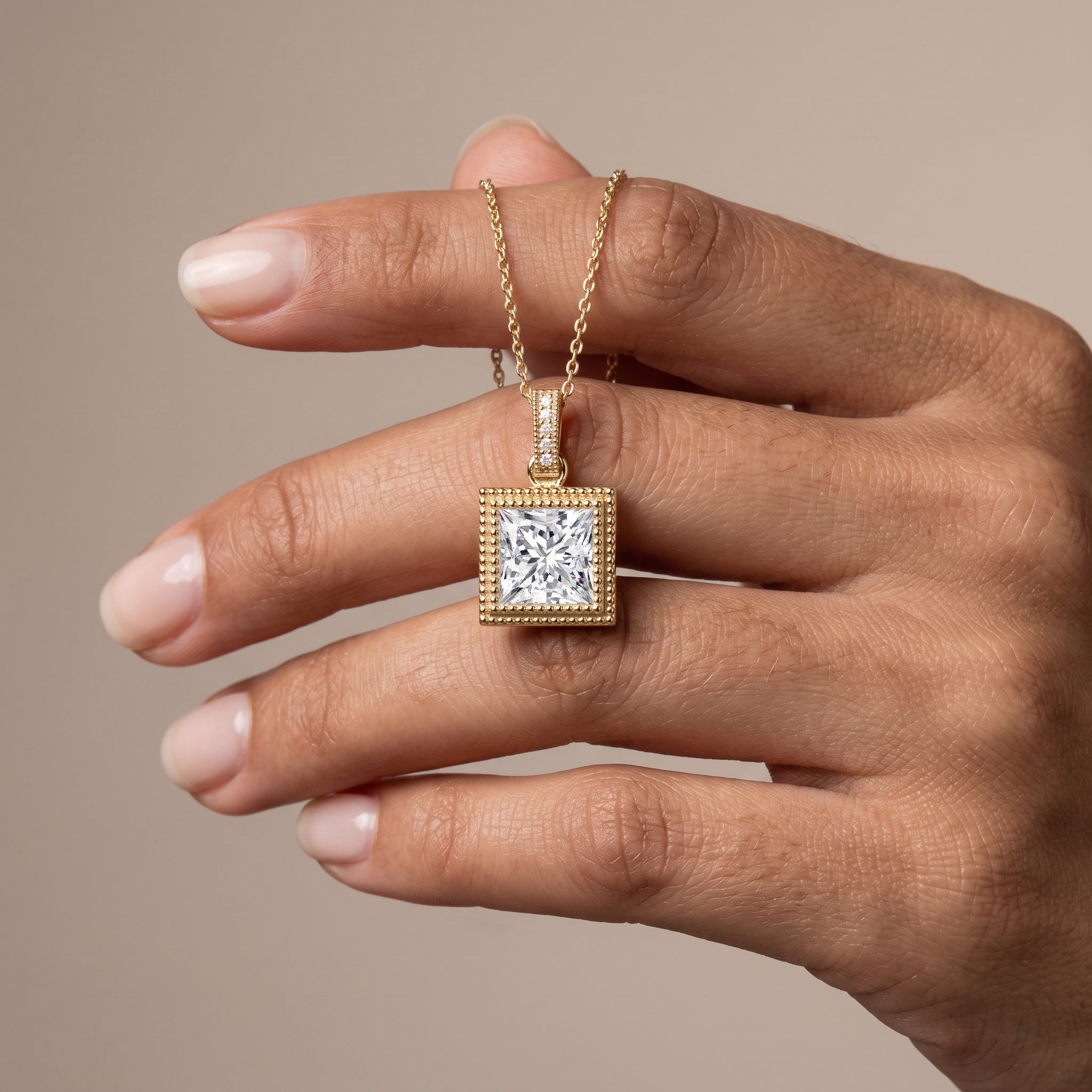 Yellow Gold Princess Cut Moissanite Square Pendant Necklace