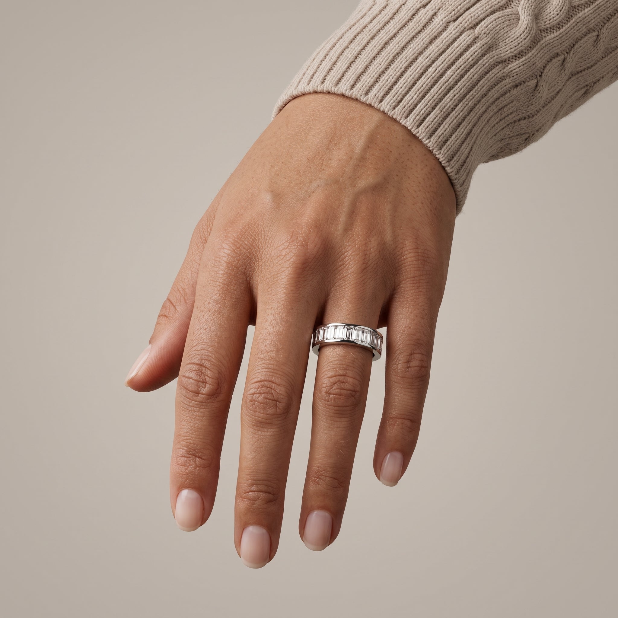 White Metal Baguette Cut Moissanite Eternity Band Ring
