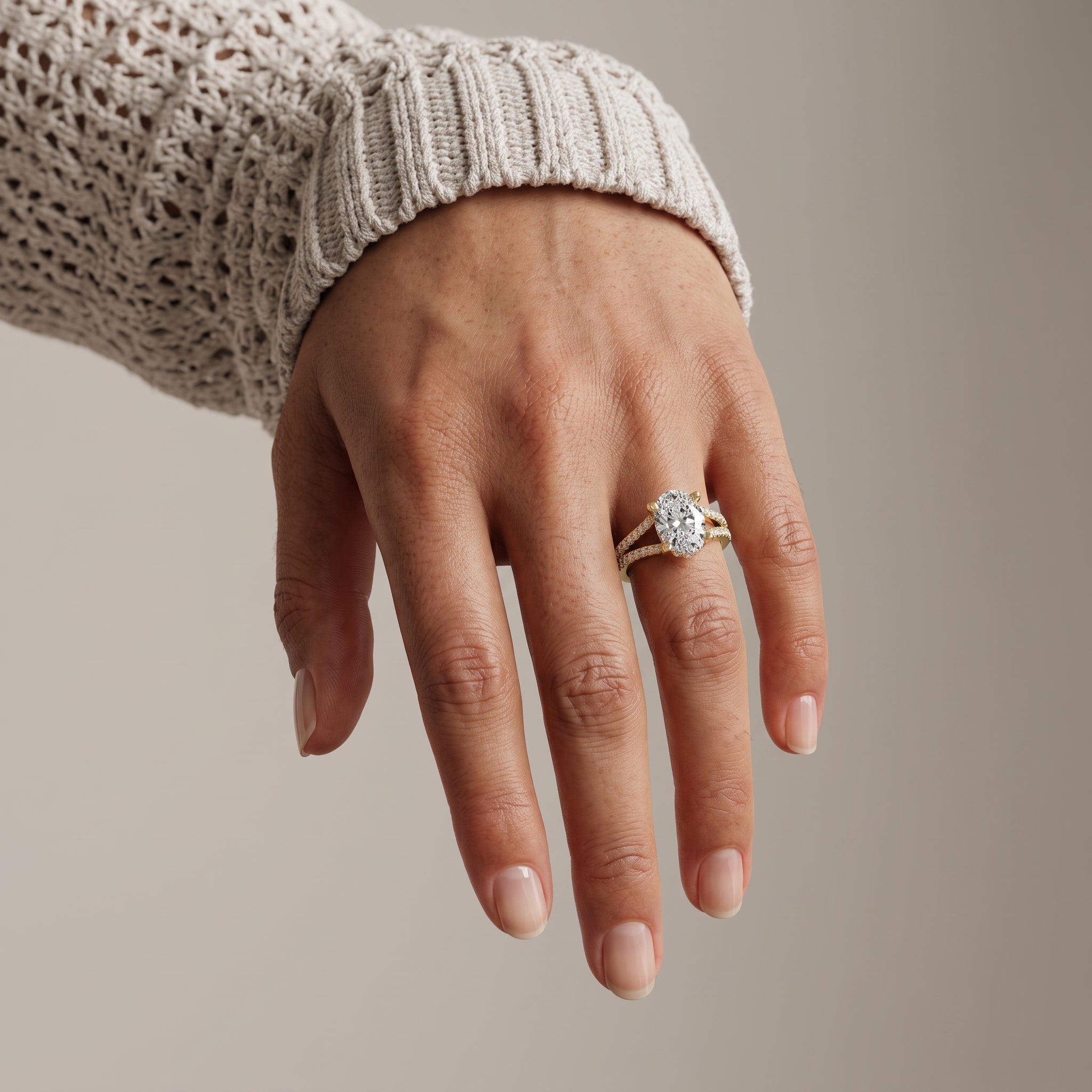 Yellow Gold Oval Cut Moissanite Split Shank Engagement Ring