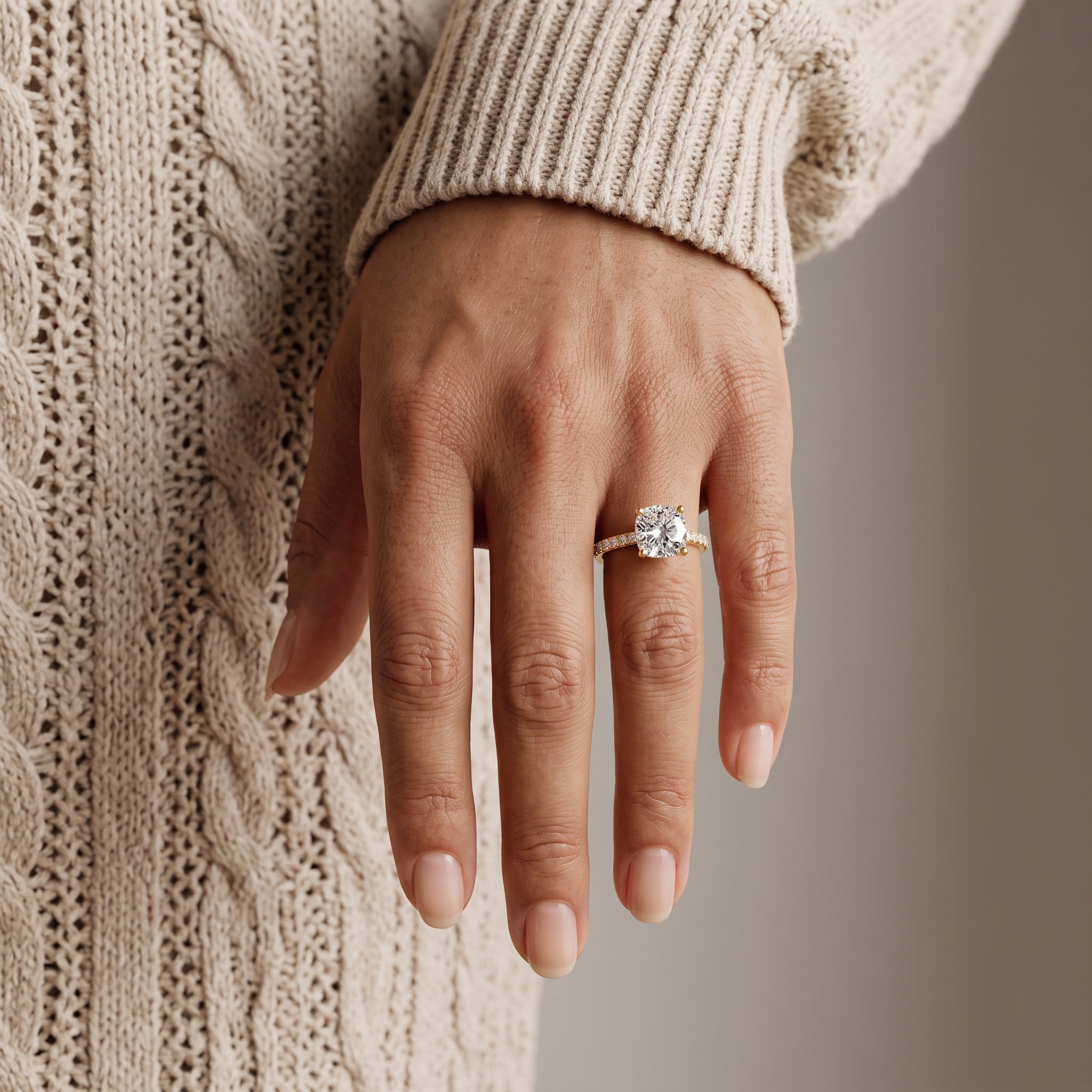 Yellow Gold Cushion Cut Moissanite Engagement Ring with Pavé Band