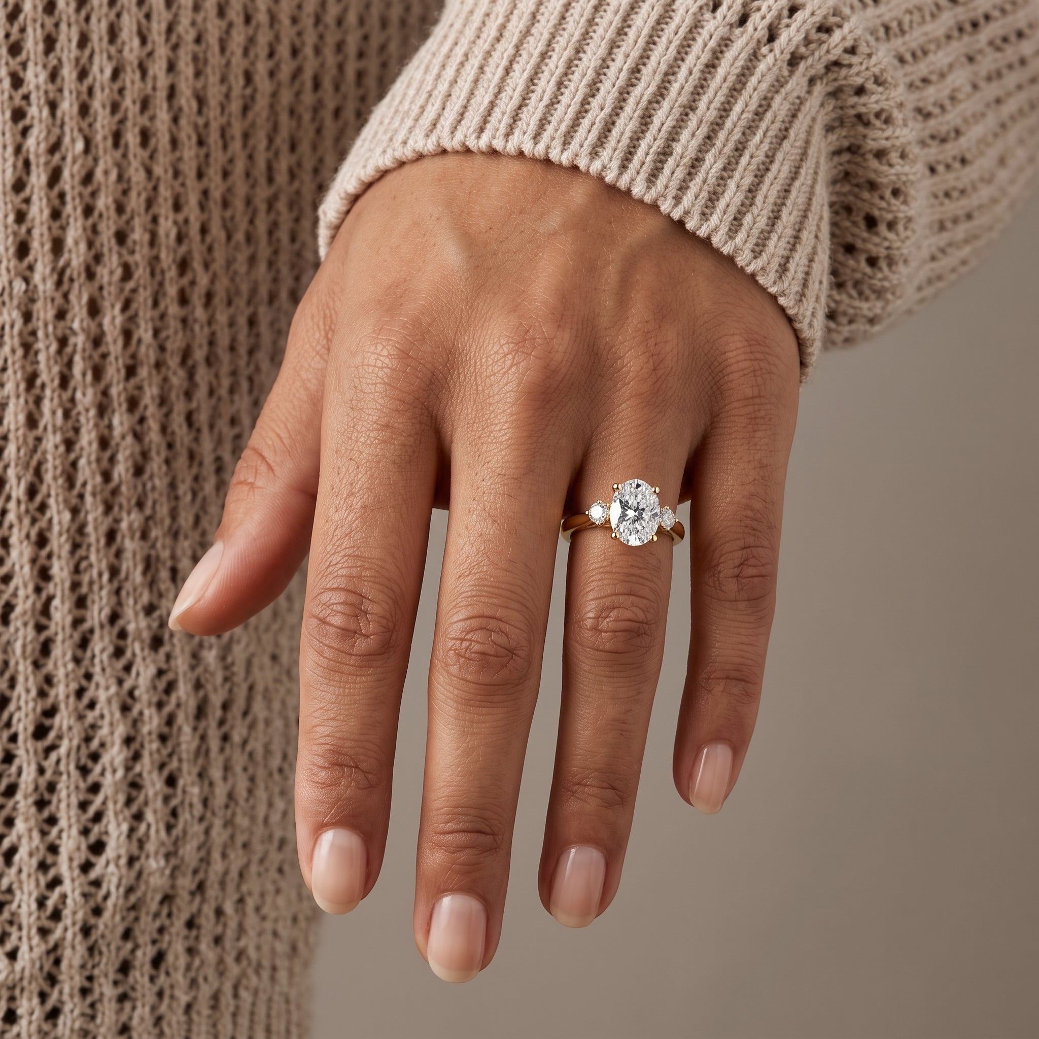 Yellow Gold Oval Moissanite Three-Stone Engagement Ring