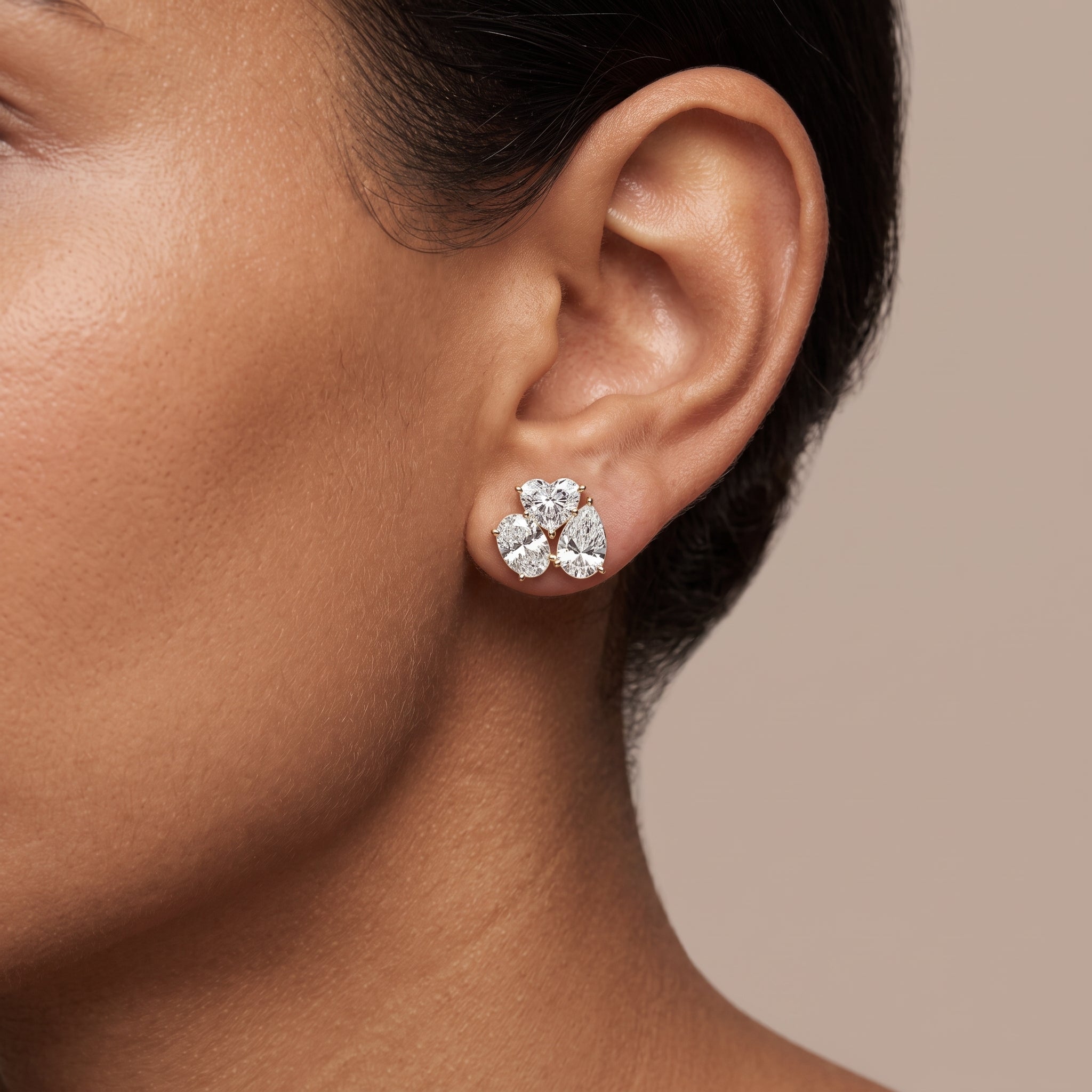 Yellow Gold Heart, Pear & Oval Moissanite Stud Earrings