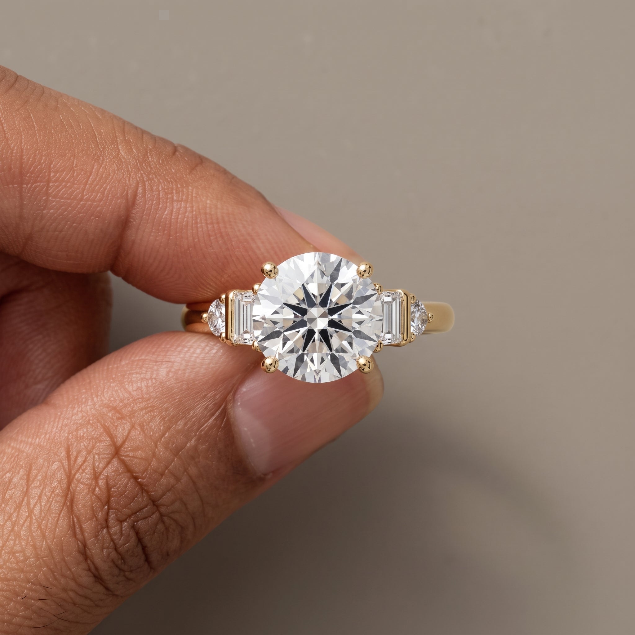 Yellow Gold Round Cut Moissanite Engagement Ring with Side Stones