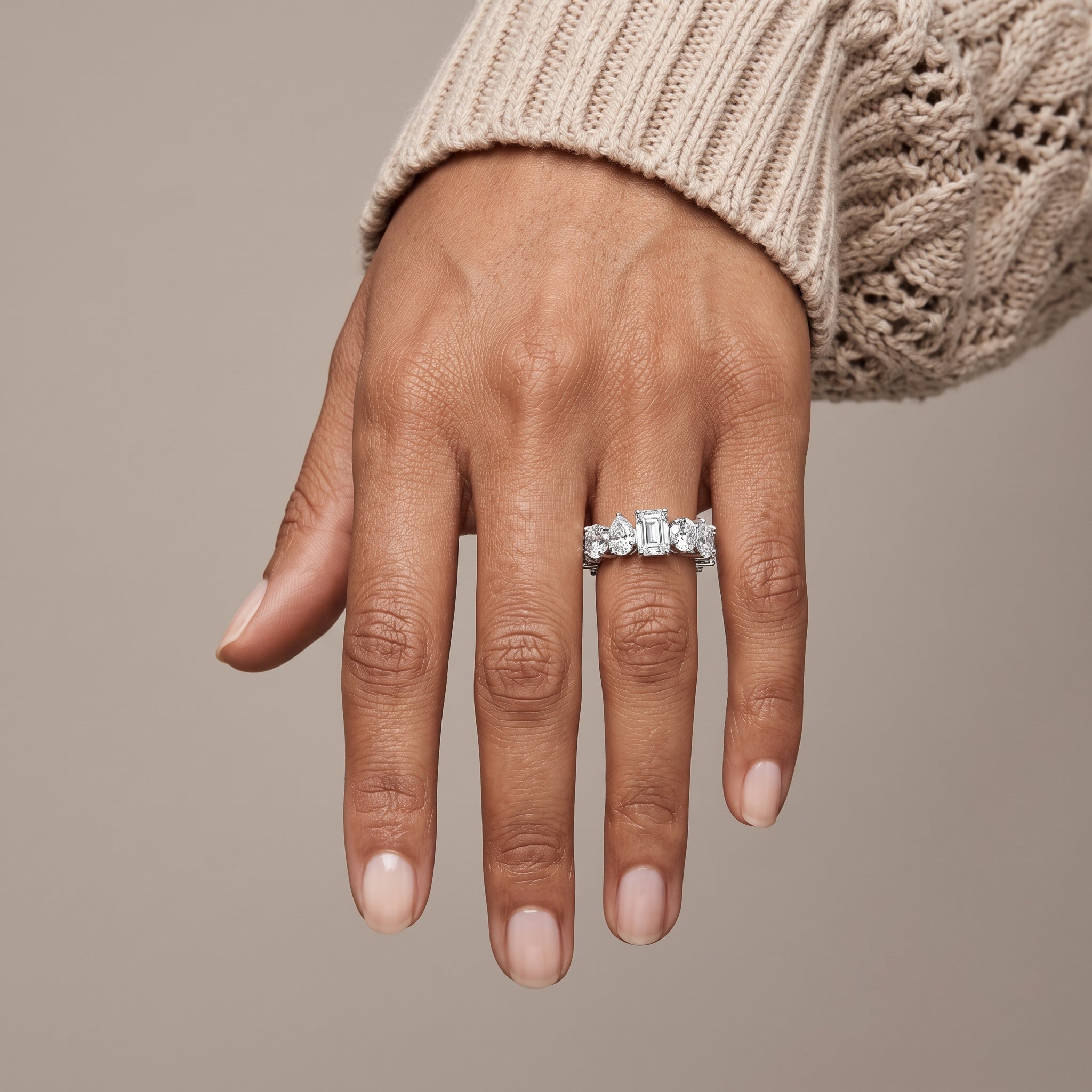 White Metal Alternating Emerald, Pear & Round Moissanite Eternity Band Ring