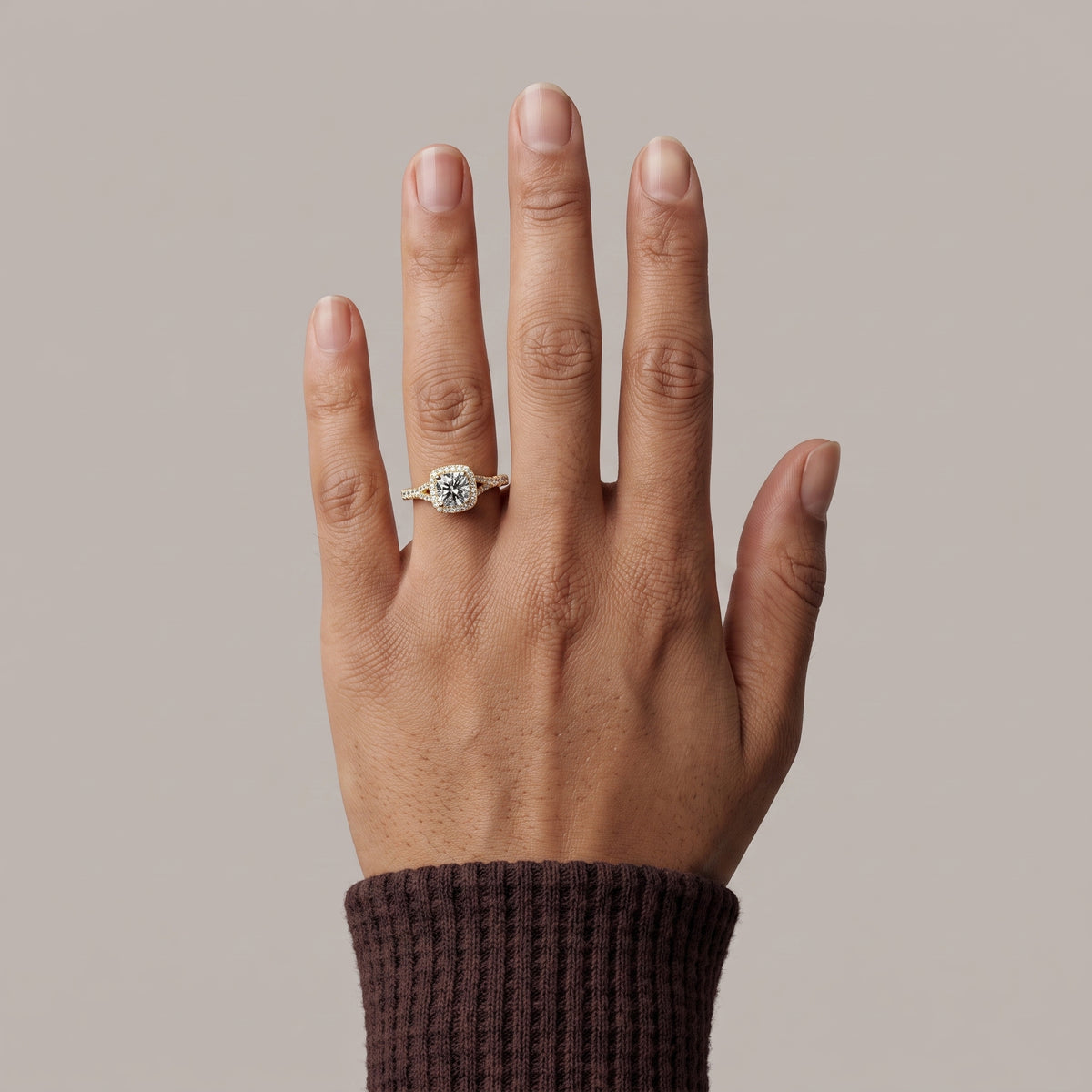Yellow Gold Cushion Cut Moissanite Halo Engagement Ring