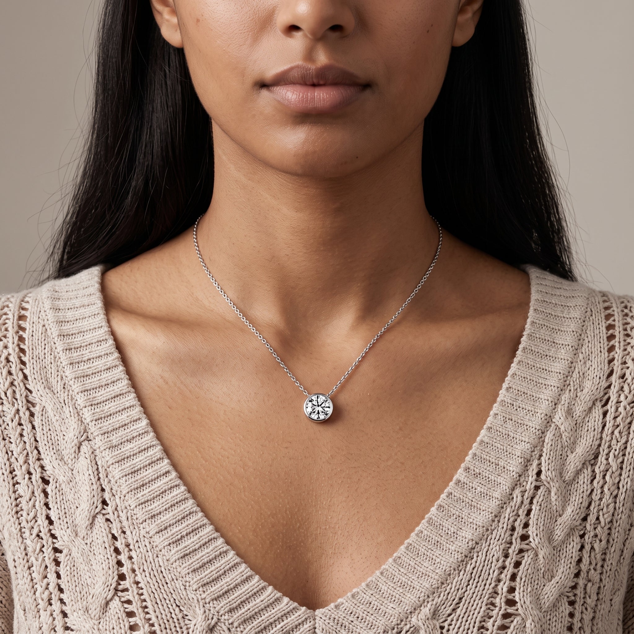 White Metal Round Moissanite Pendant Necklace