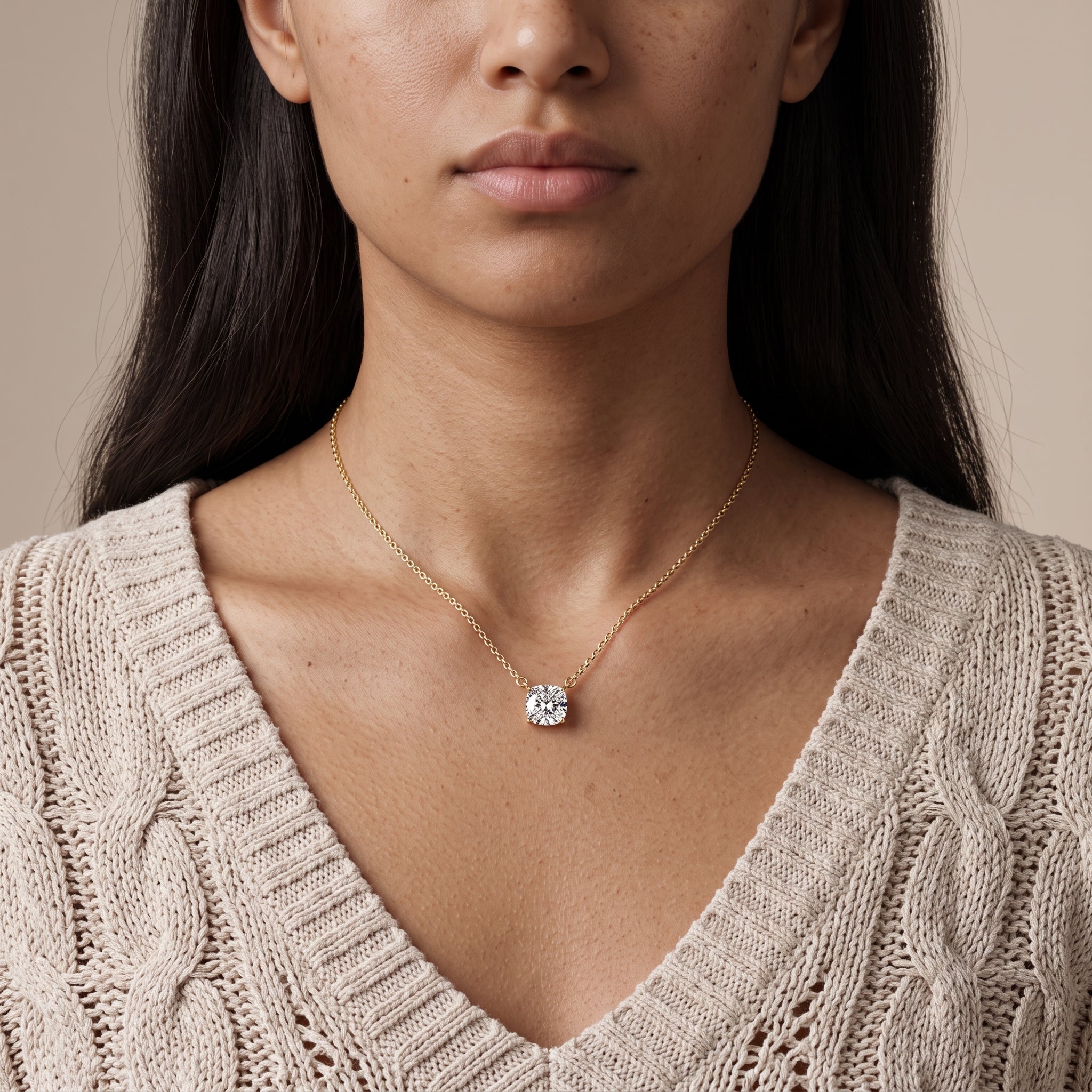 Yellow Gold Cushion Cut Moissanite Solitaire Pendant Necklace