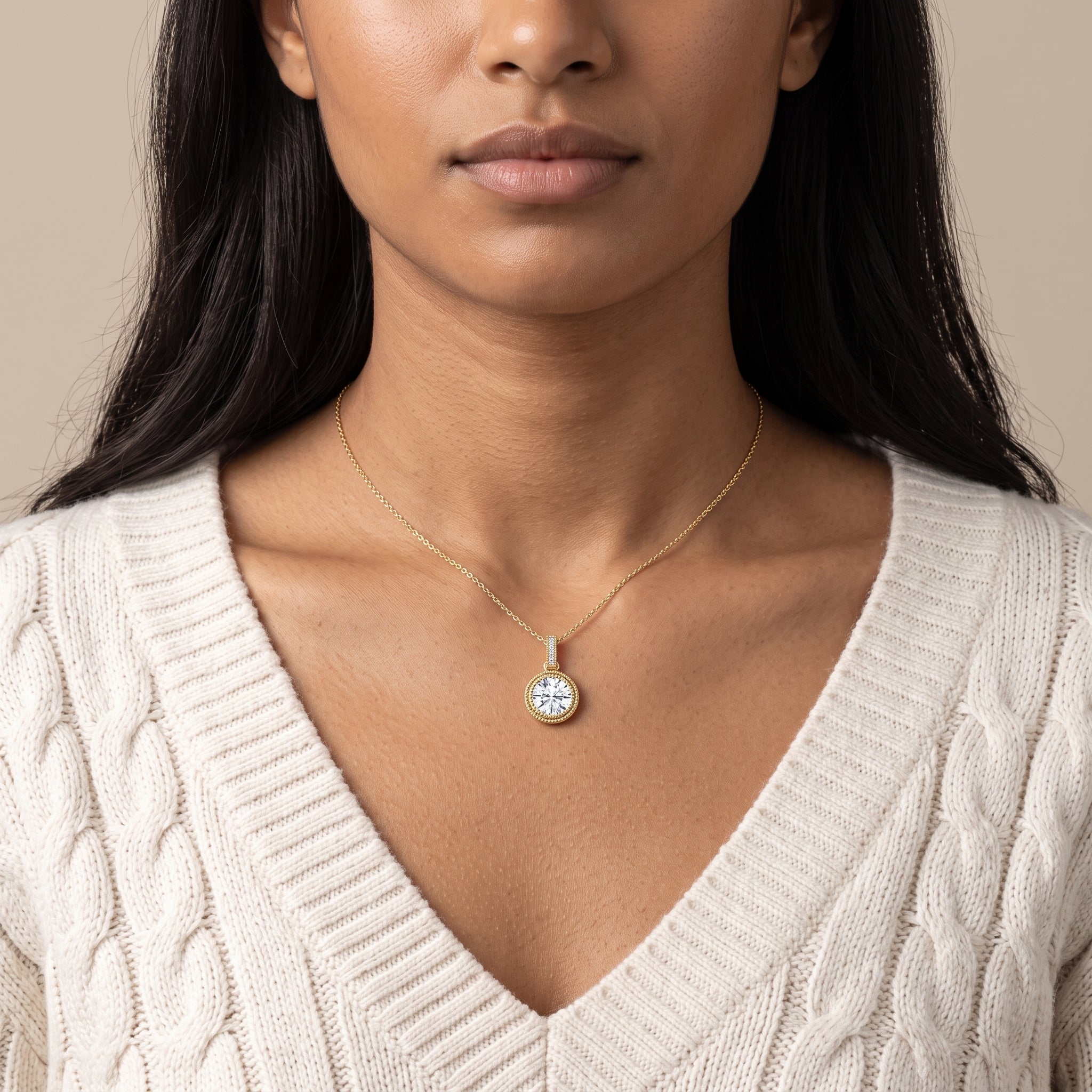 Yellow Gold Round Moissanite Bezel Pendant Necklace