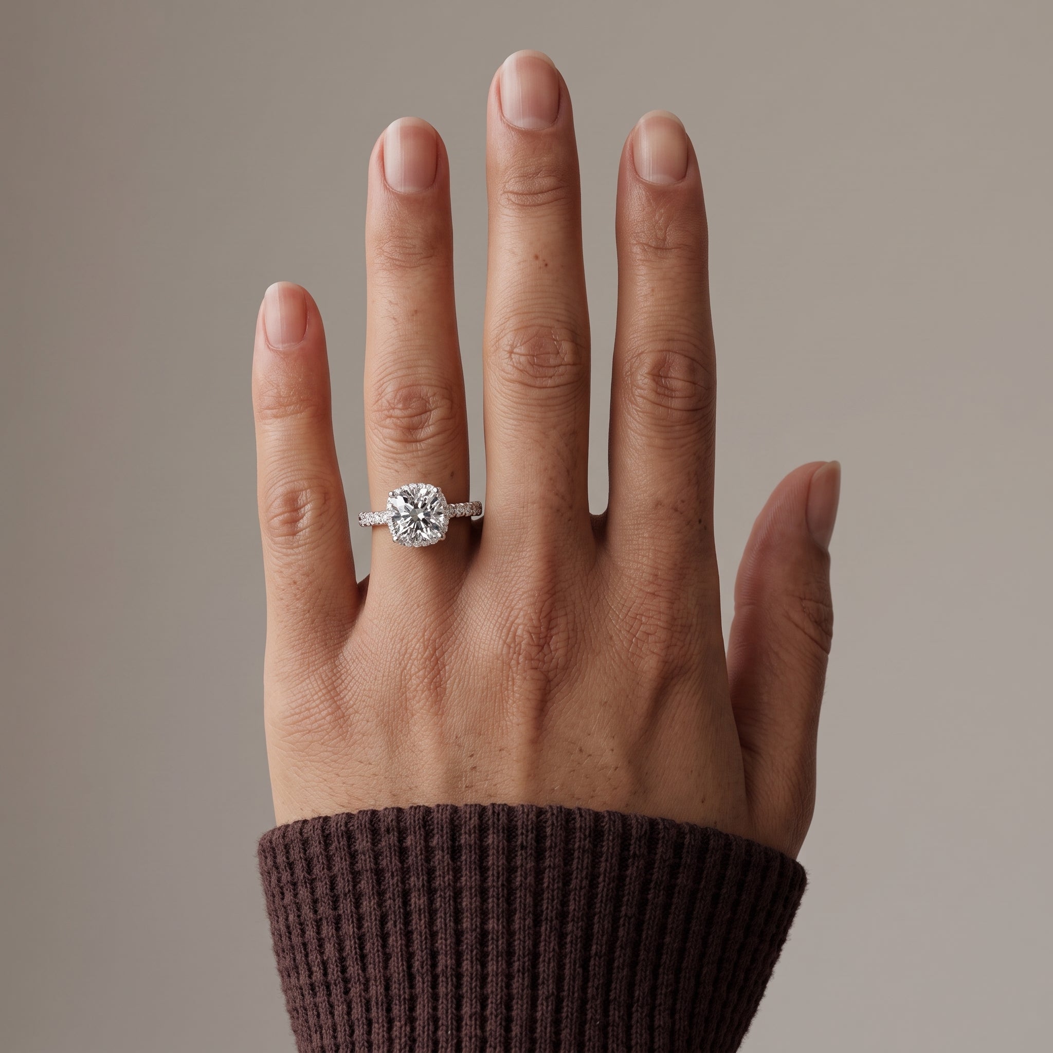 White Metal Cushion Cut Moissanite Engagement Ring with Pavé Band