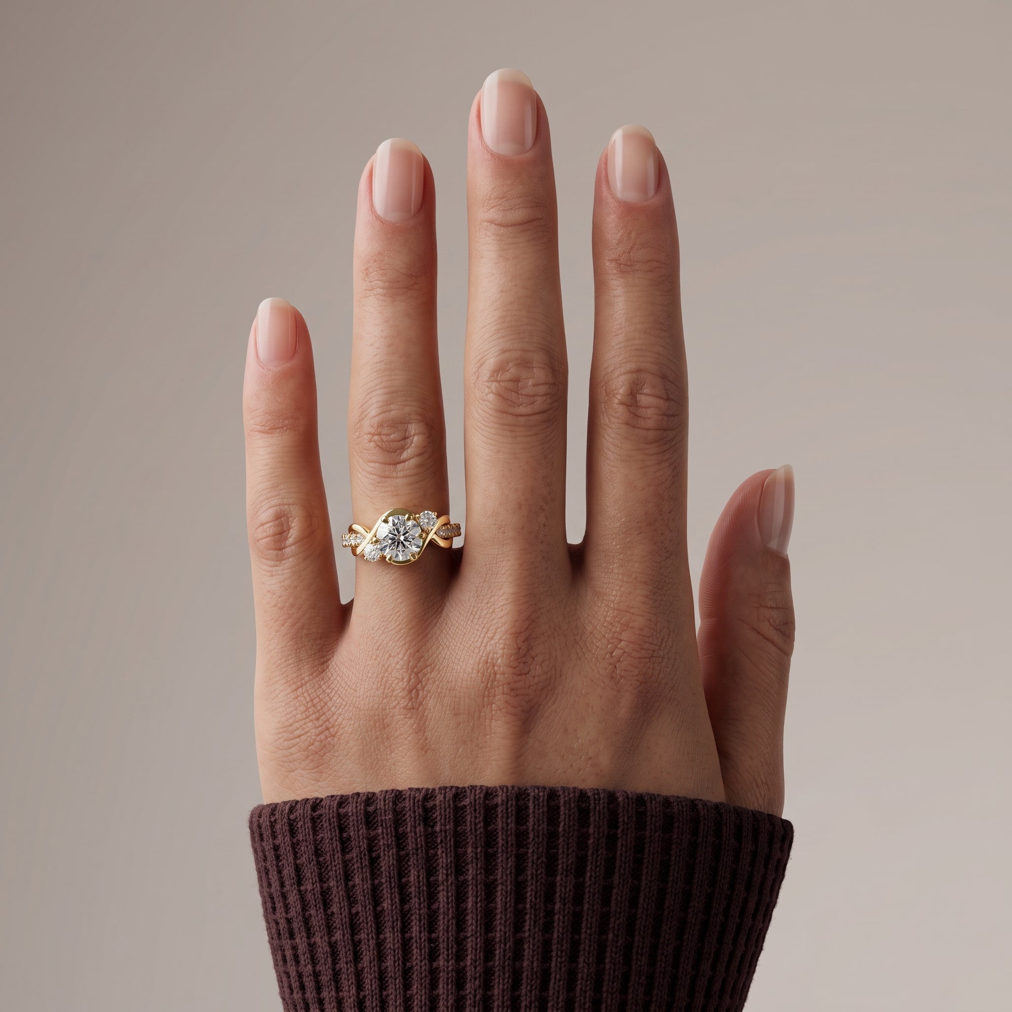 Yellow Gold Round Moissanite Twisted Three-Stone Engagement Ring