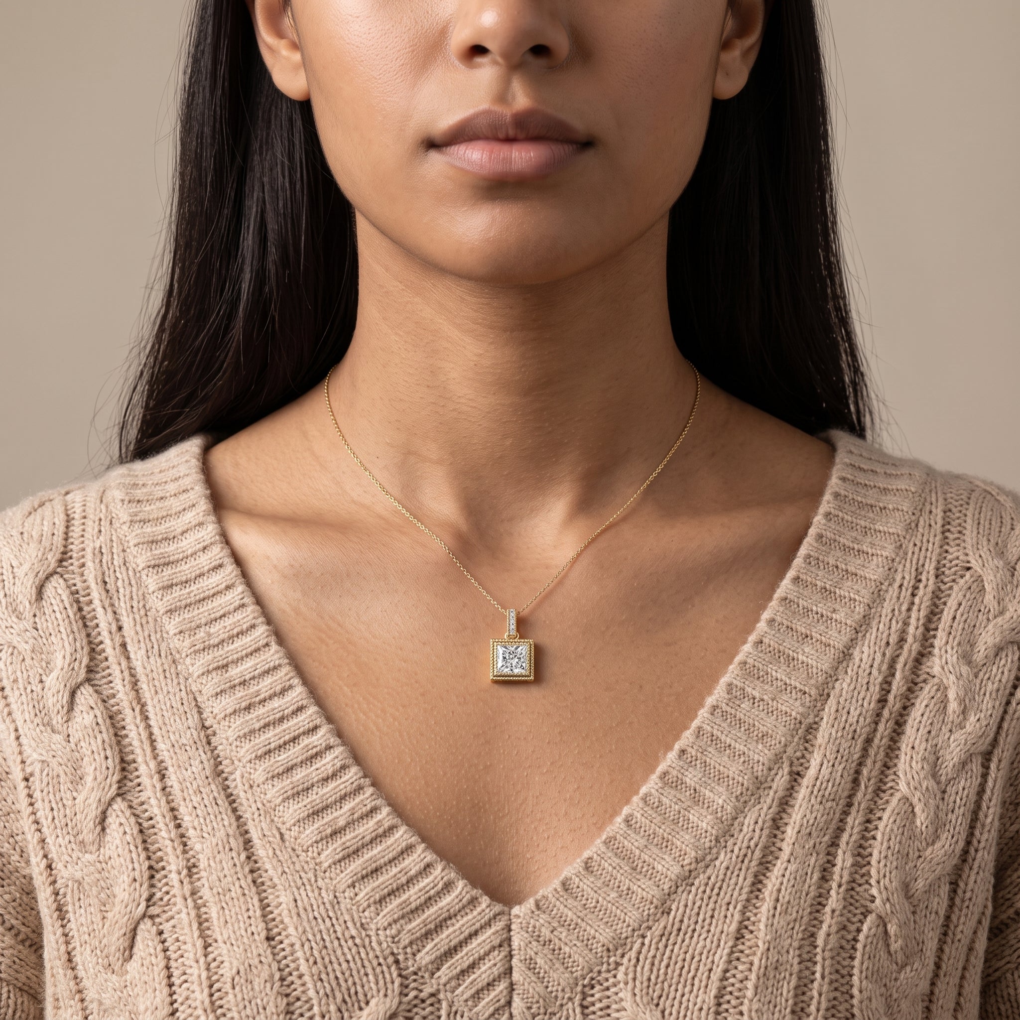 Yellow Gold Princess Cut Moissanite Square Pendant Necklace