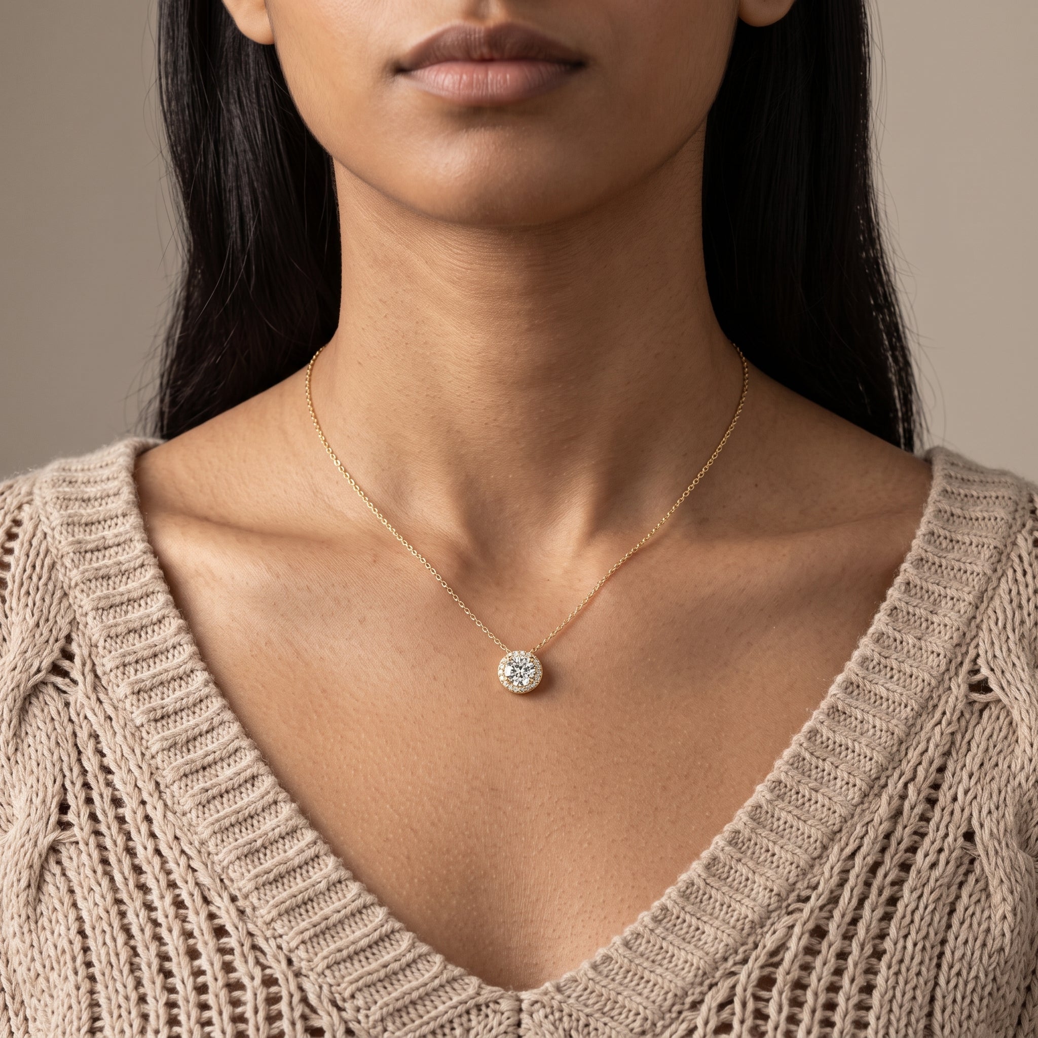 Yellow Gold Round Moissanite Halo Pendant Necklace