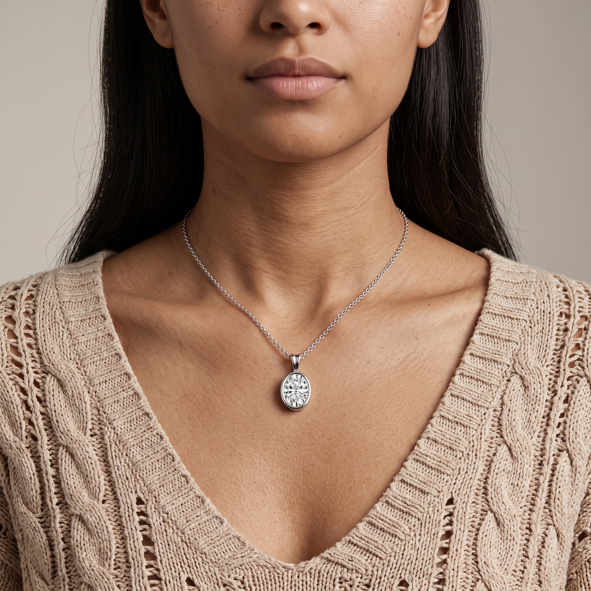 White Metal Oval Cut Moissanite Pendant Necklace