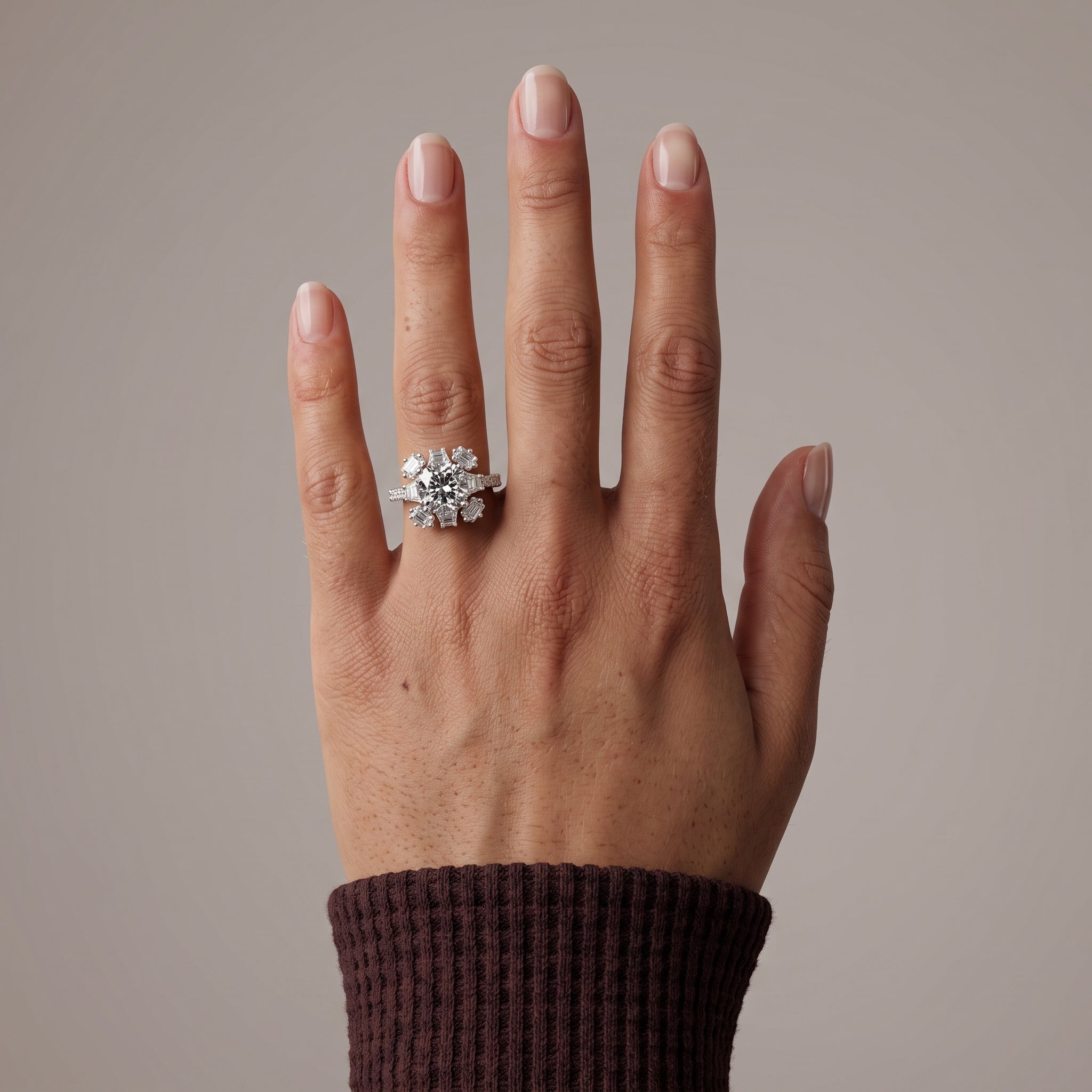 White Gold Round Moissanite Floral Halo Engagement Ring