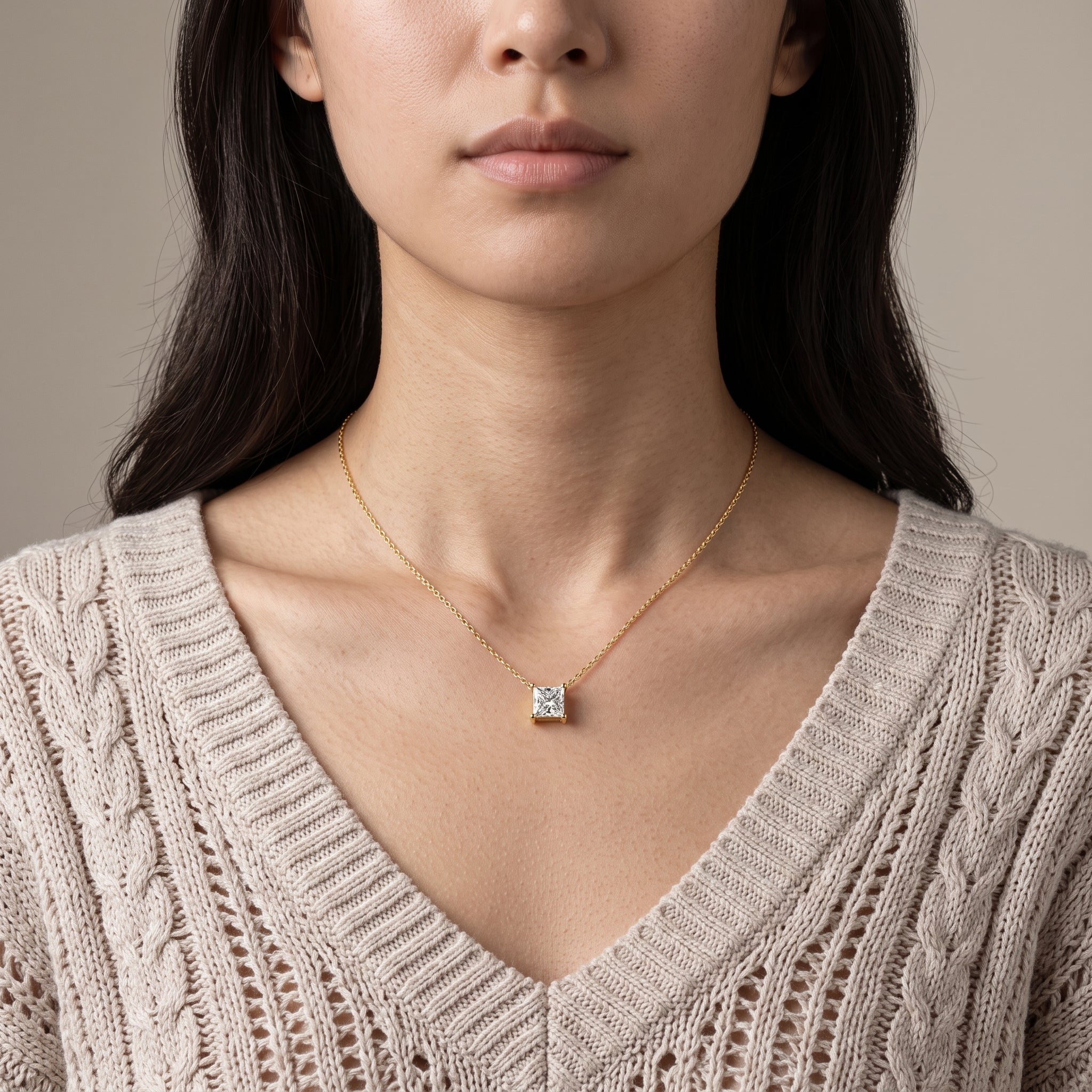 Yellow Gold Princess Cut Moissanite Pendant Necklace