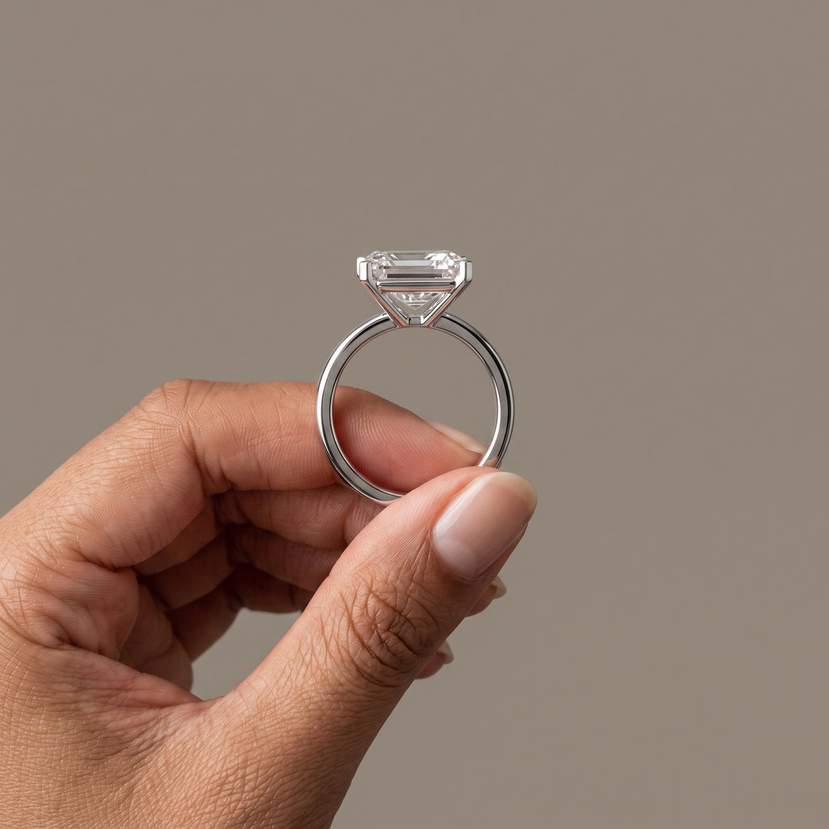 White Emerald Cut Moissanite Solitaire Engagement Ring