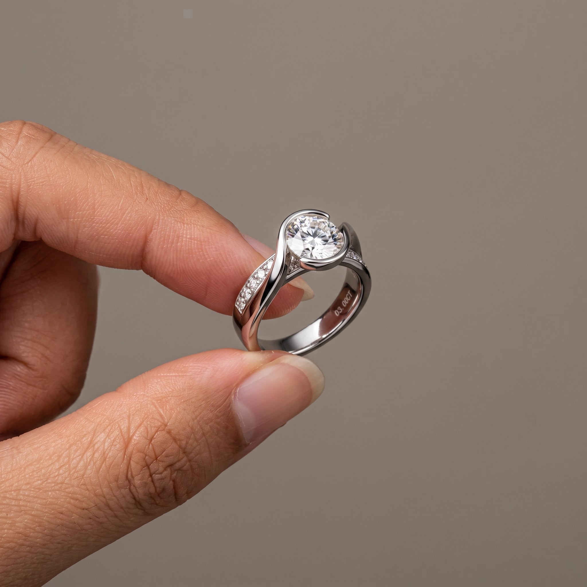 White Metal Round Moissanite Engagement Ring with Twisted Band