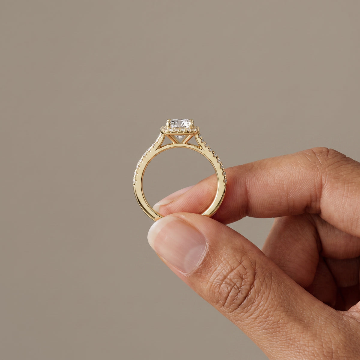 Yellow Gold Cushion Cut Moissanite Halo Engagement Ring