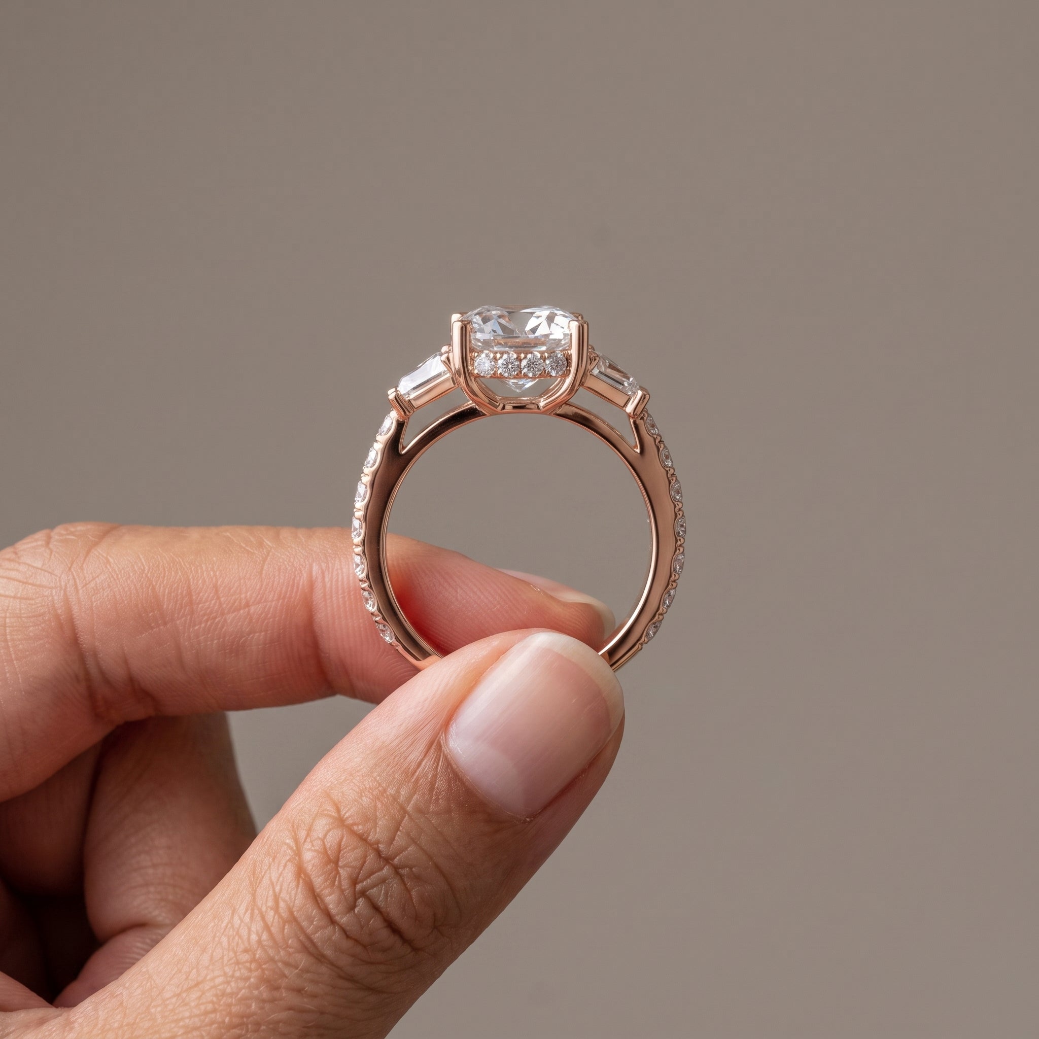 Rose Gold Round Moissanite Engagement Ring with Tapered Side Stones