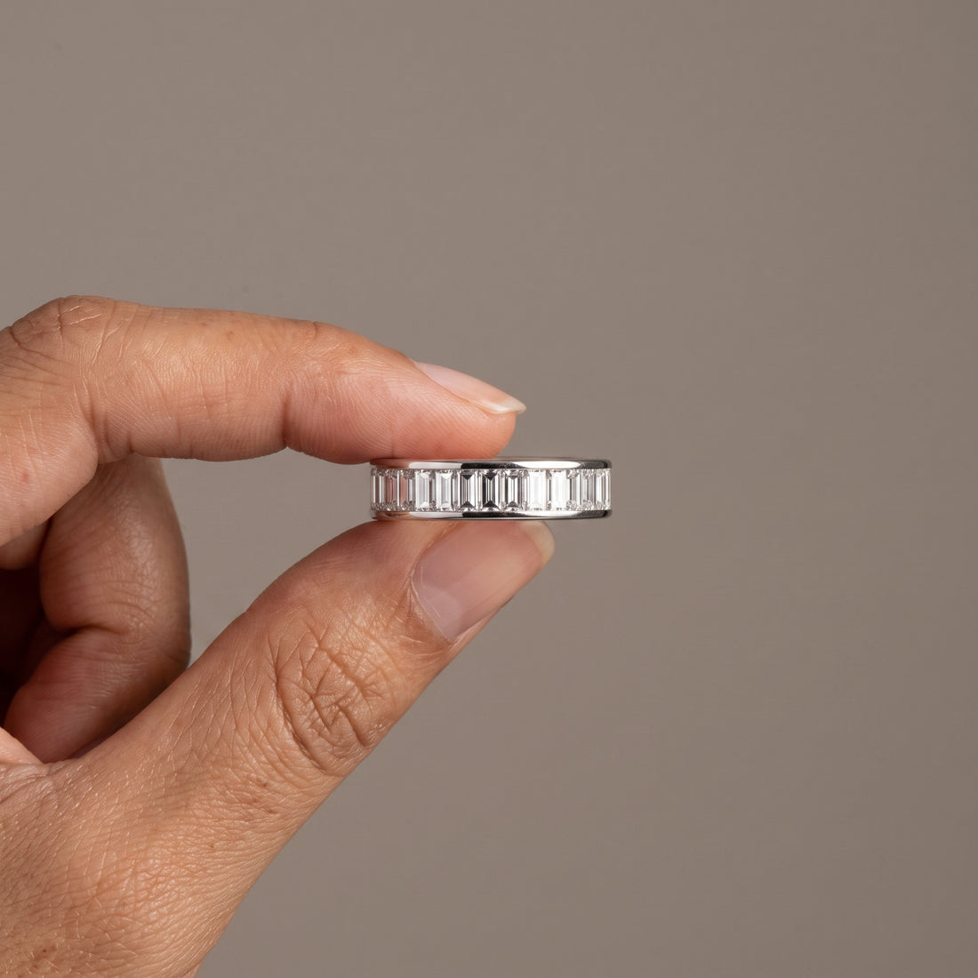 White Metal Baguette Cut Moissanite Eternity Band Ring