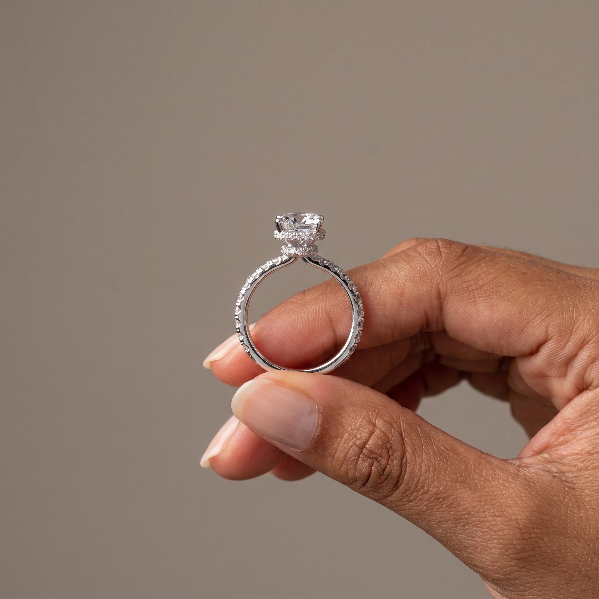 White Metal Cushion Cut Moissanite Engagement Ring with Pavé Band