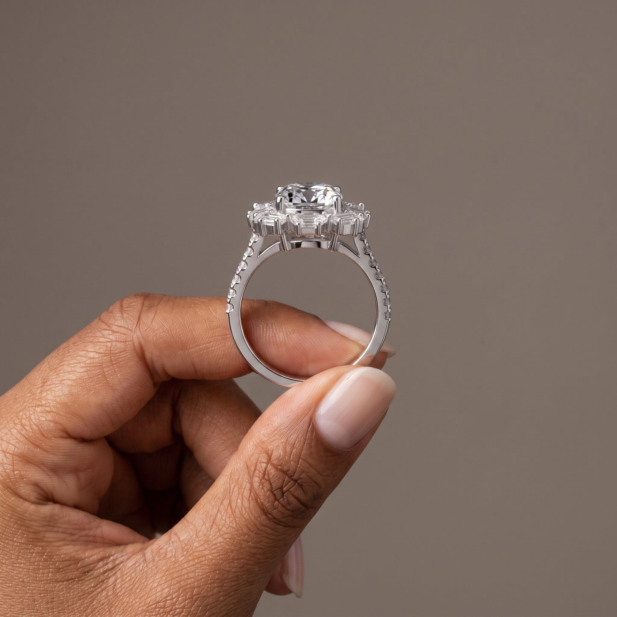 White Gold Round Moissanite Floral Halo Engagement Ring