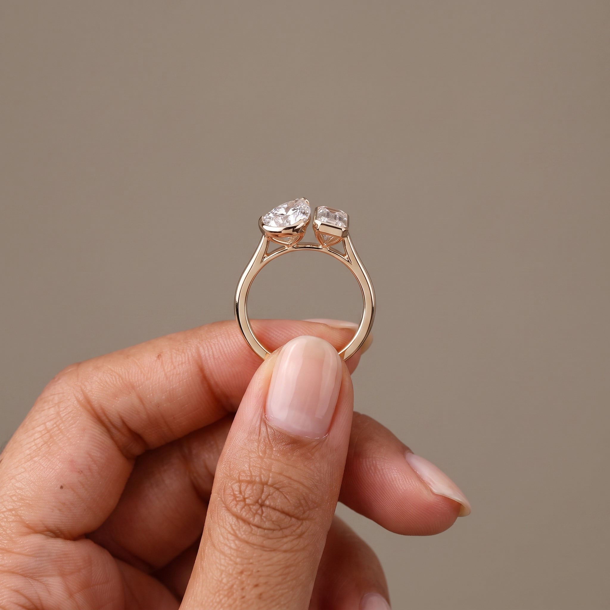 Rose Gold Pear & Emerald Cut Moissanite Open Ring