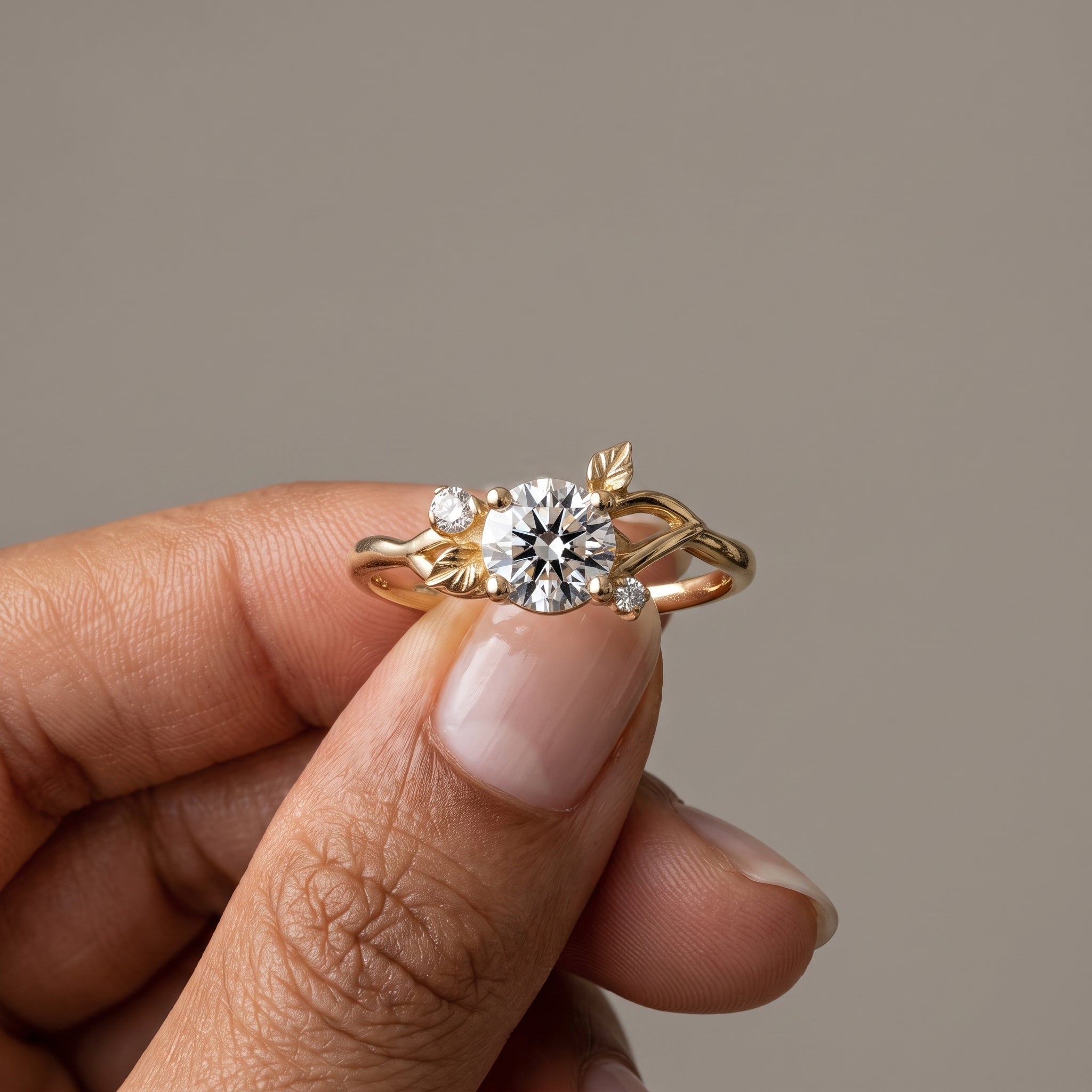 Yellow Gold Round Moissanite Leaf Engagement Ring