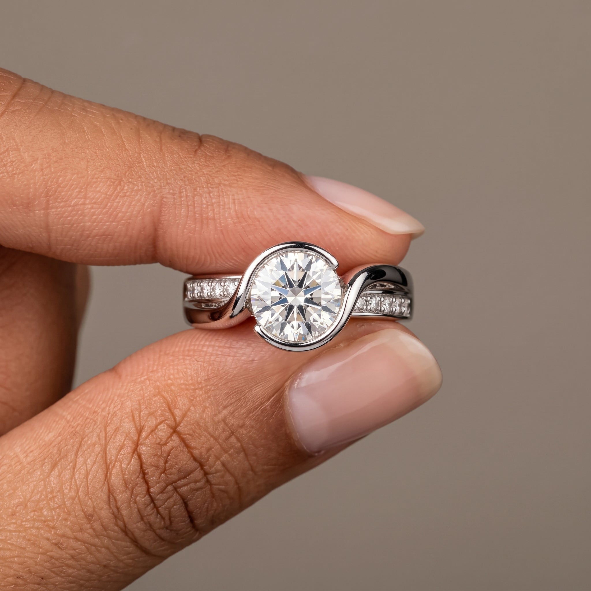 White Metal Round Moissanite Engagement Ring with Twisted Band