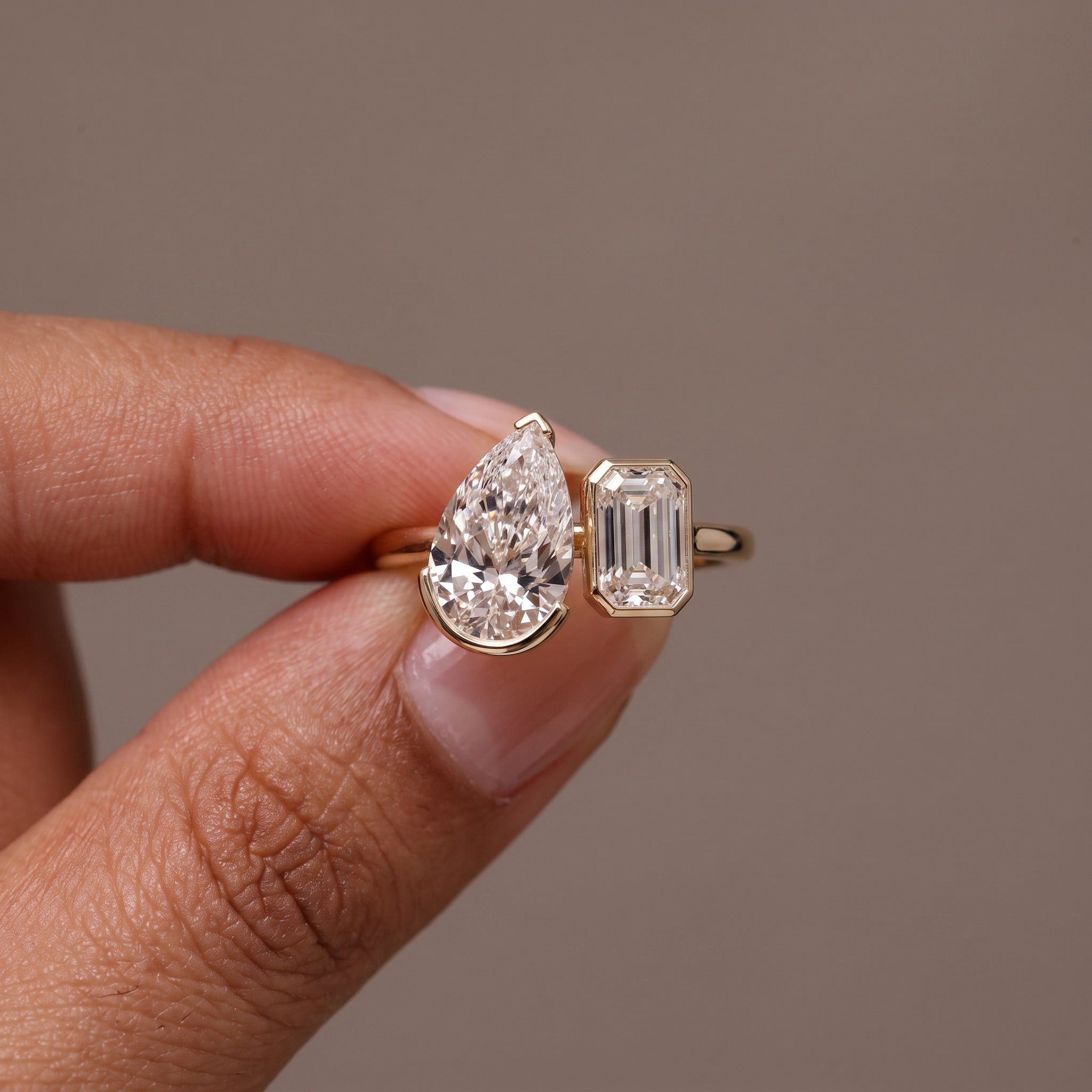 Rose Gold Pear & Emerald Cut Moissanite Open Ring