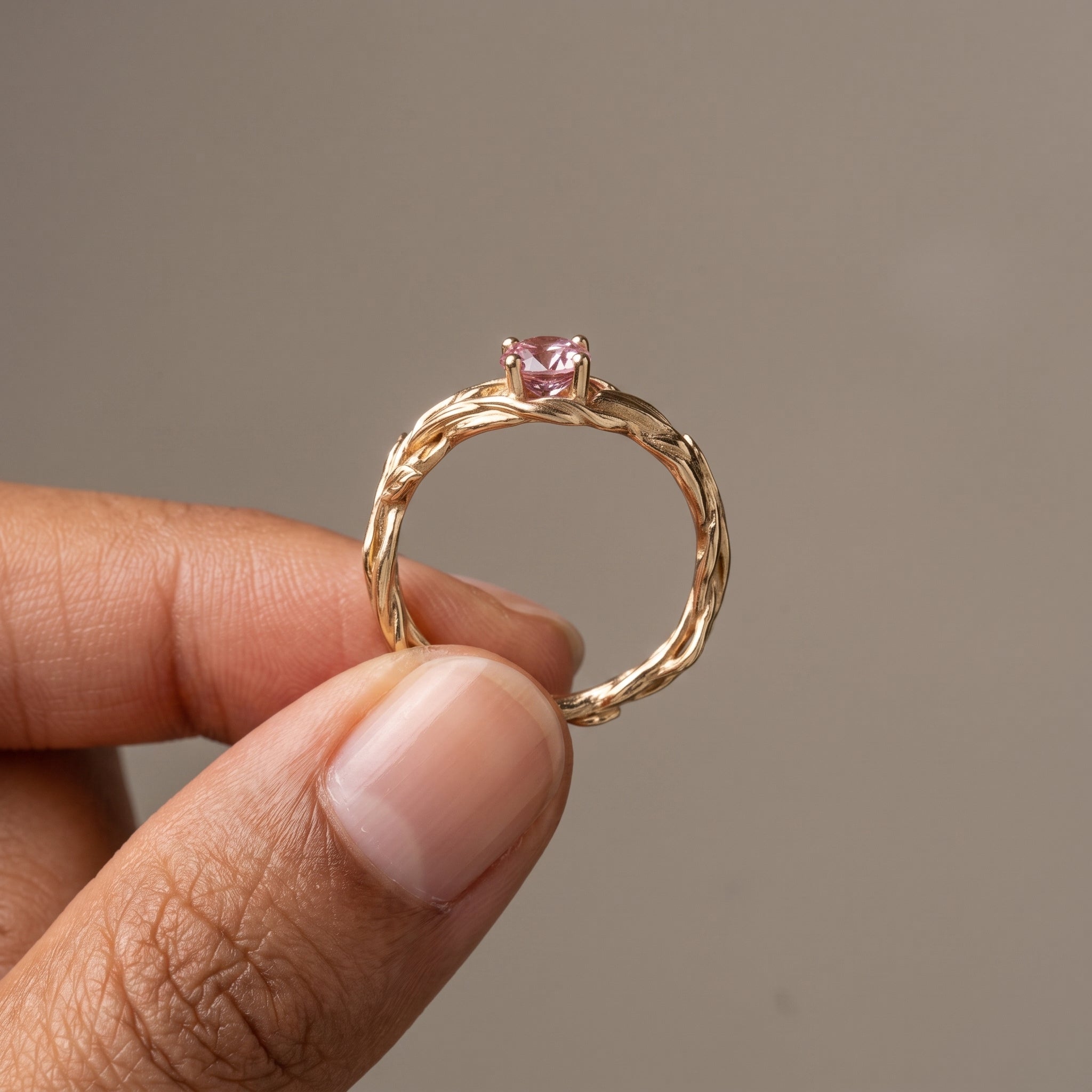 Yellow Gold Round Cut Moissanite Leaf Vine Ring
