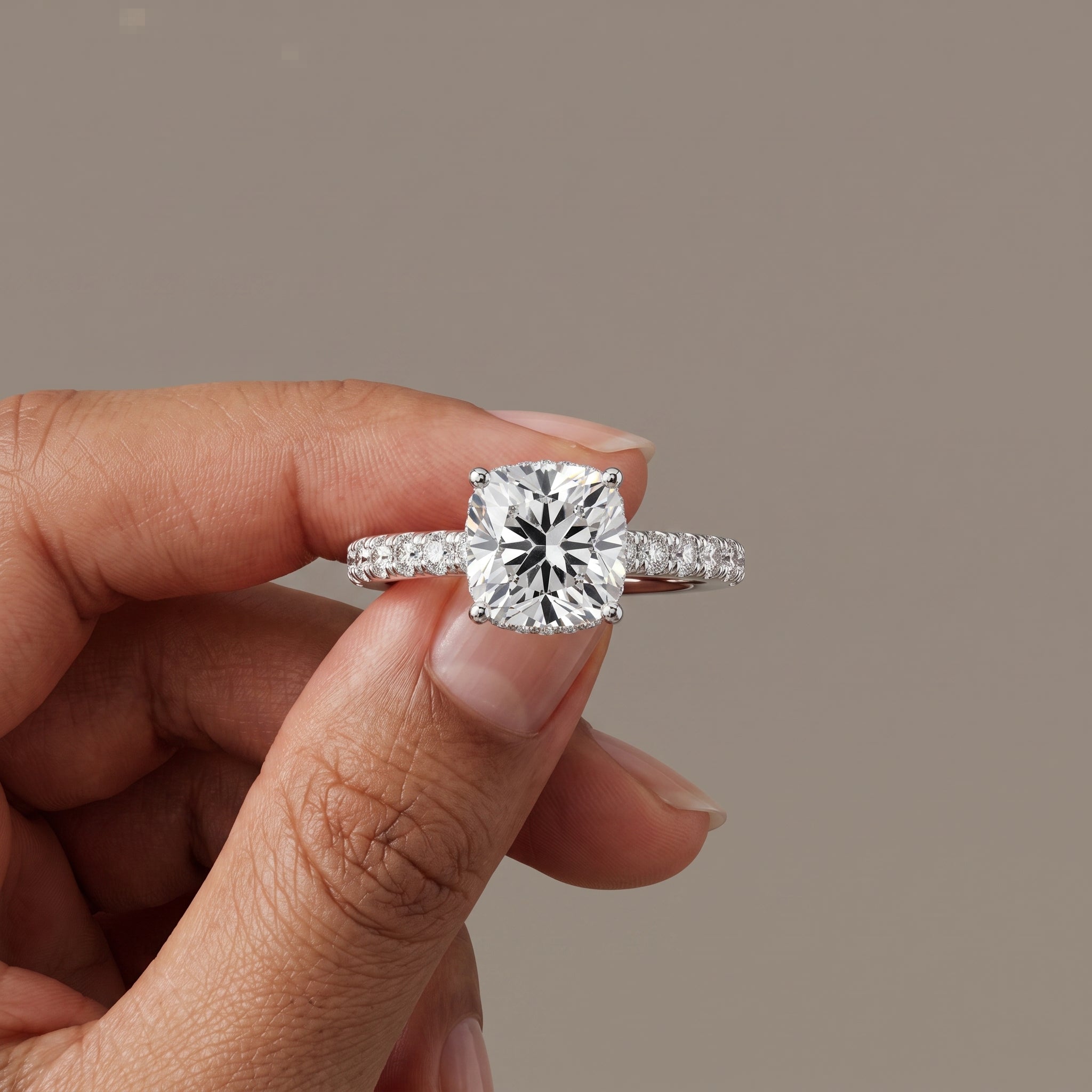 White Metal Cushion Cut Moissanite Engagement Ring with Pavé Band
