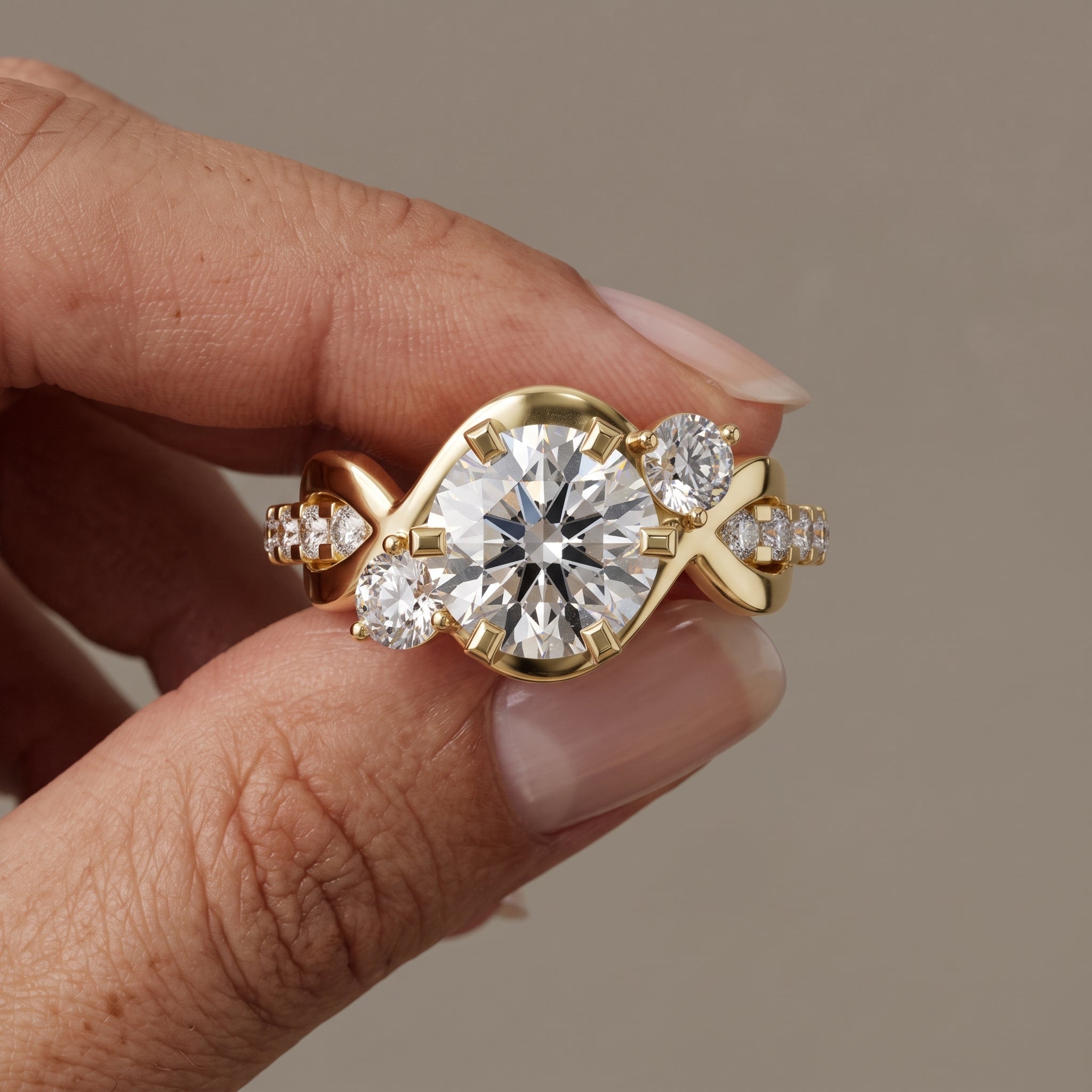 Yellow Gold Round Moissanite Twisted Three-Stone Engagement Ring